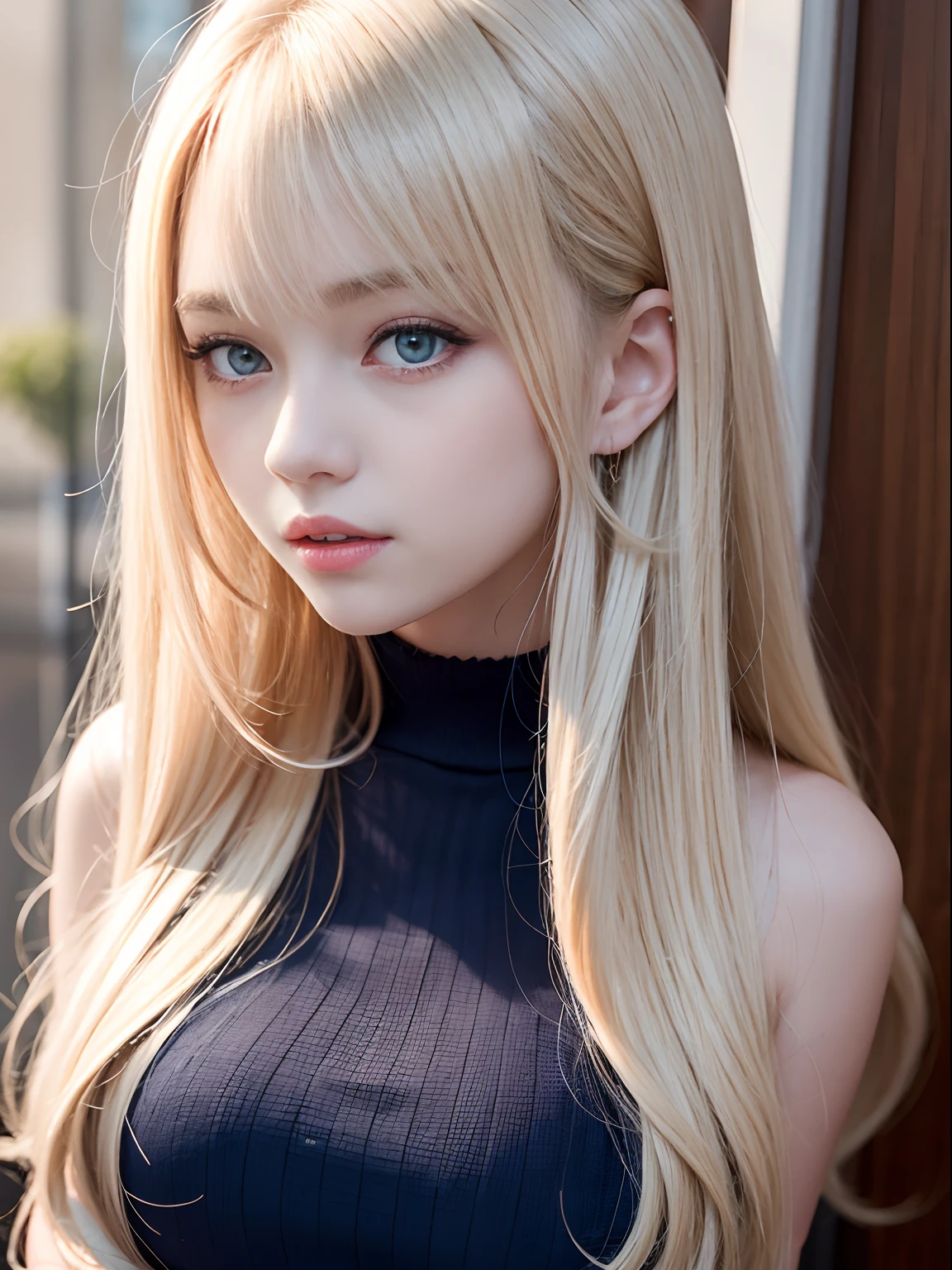 porate、School uniforms、bright expression、poneyTail、young and shiny white shiny skin、Best Looks、Gold reflects light、Platinum blonde hair,Shine brightly、Shiny light hair,、Super long silky straight hair、Beautiful bangs that shine、Big blue eyes that sparkle like crystal clear and charming、Very nice and lovely 16 year old girl、Lush bust,crisp breasts,Pink