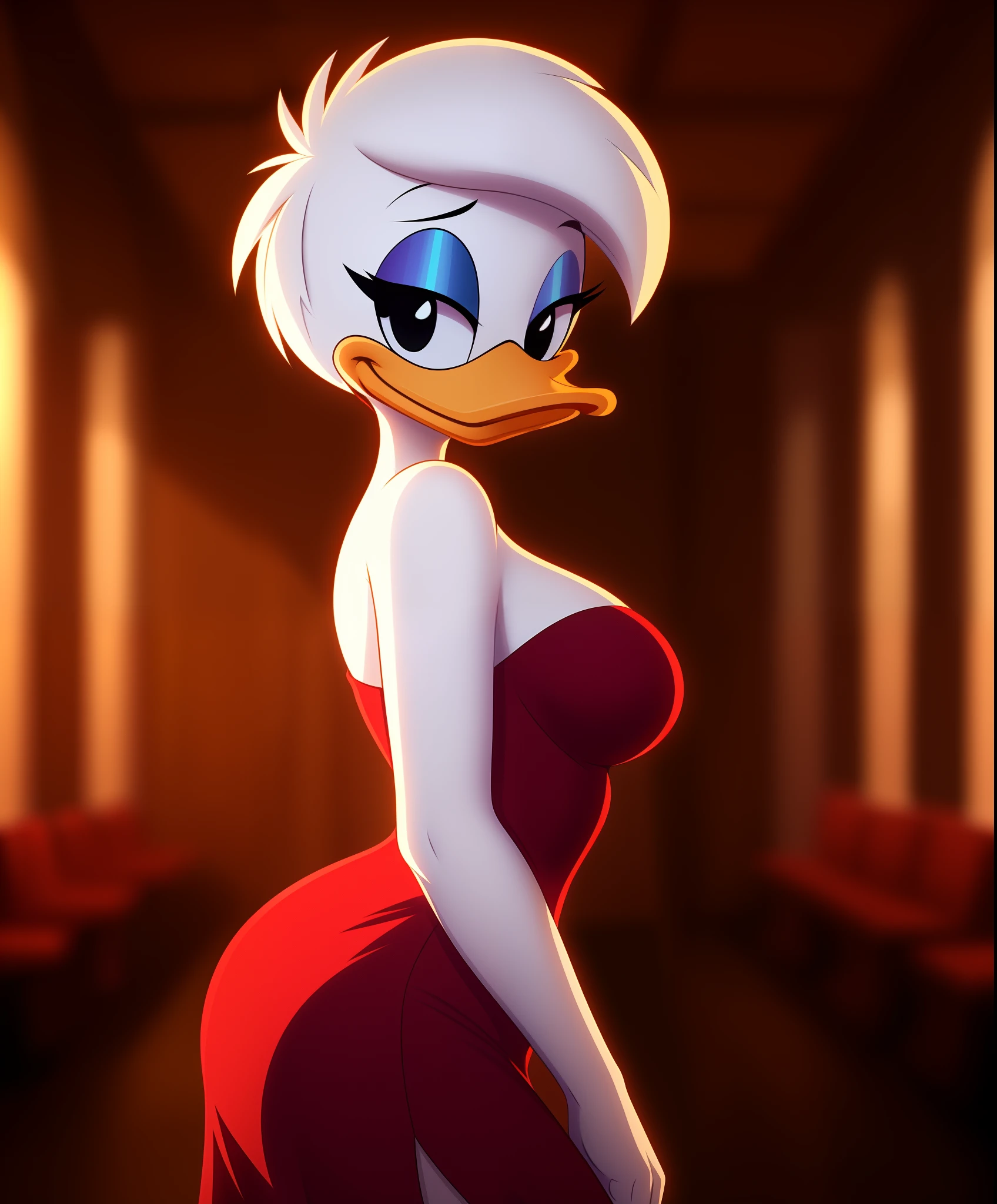 female daisy duck, detailed background, dance hall, eyeshadow, pinup,

wear red dress, from side, sexy pose, alluring,

simple black eyes, detailed, intricate, furry,

8k hd, highest quality, (detailed white fur:1.3) (soft cinematic light:1.1),(adobe lightroom:1.2), photolab, hdr, (depth of field:1.2)