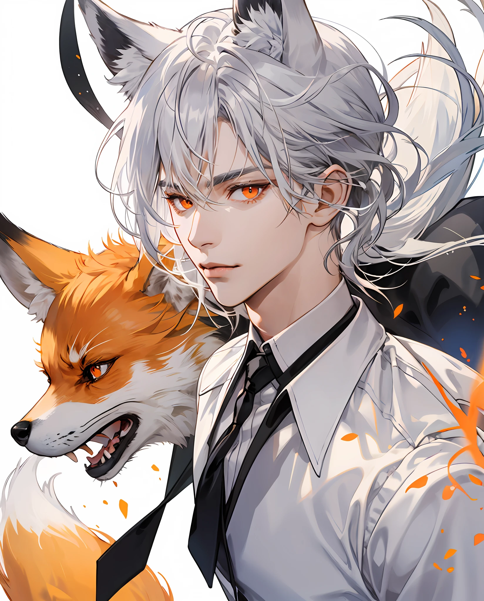 White hair with bangs long hair men's modern clothing animal ears super fine illustration, pinging、Men's solo、Fox ears and fox tail, Highly detailed beautiful face and eyes, view the viewer, Cowboy shot, Beautiful silver hair, Solo, Dynamic Angle, White shirt and black tie,No background、Background through,orange eyes