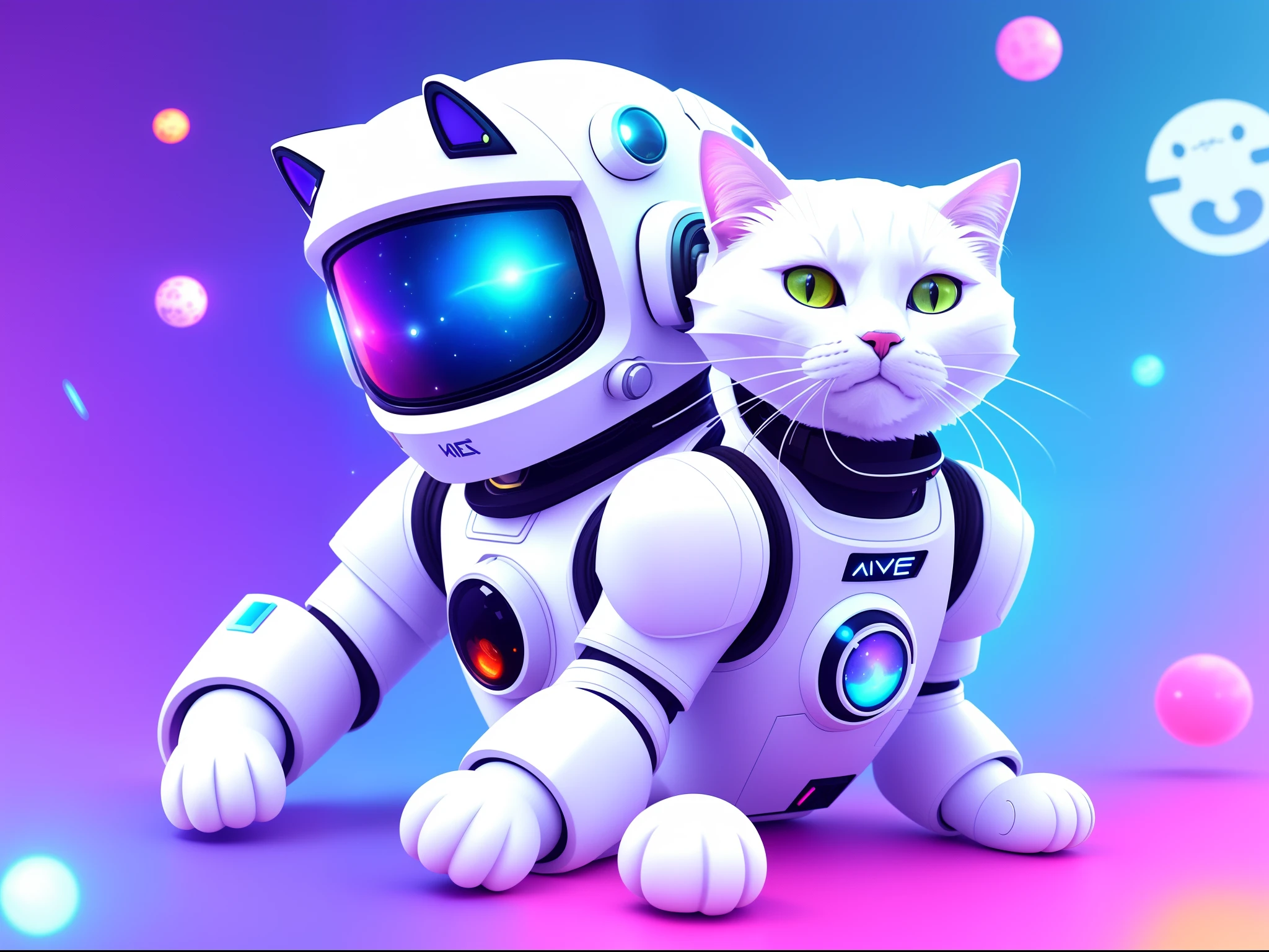 There is a white cat with headphones and a helmet, cyberpunk cat, Space cat, lovely digital painting, adorable digital art, Cute detailed digital art, robotic cat, astronaut cat, Cybercat, furry digital art, Cat in space, anime cat, Furry art, background artwork, furry artist, cyborg kitten, awesome cat, cats party, cute 3 d render, cyborg cat