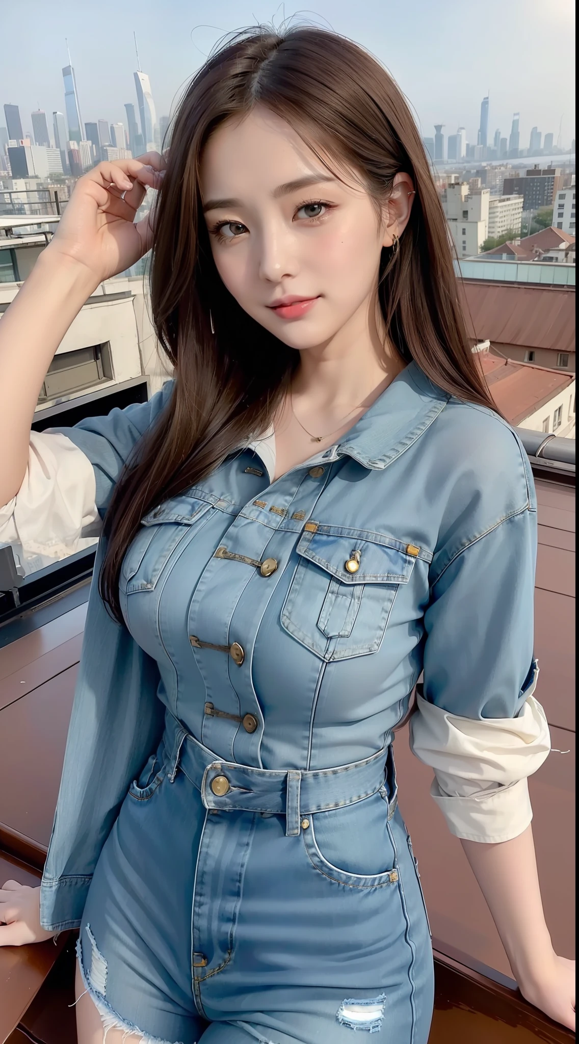 ((top-quality、8K、masterpiece:1.3))、voluptuous woman、1girl in、(Slender figure:1.2)、dark brown hair、hyperdetailed face、Detailed lips、A detailed eye、二重まぶた、(huge-breasted:1.2)、、Random attire、random place、、Plain clothe、Dressing、(ssmile:1.4)、(Rooftop City View:1.2)、Enjoy a retro atmosphere with vintage denim and bandana、Beautiful teeth alignment、