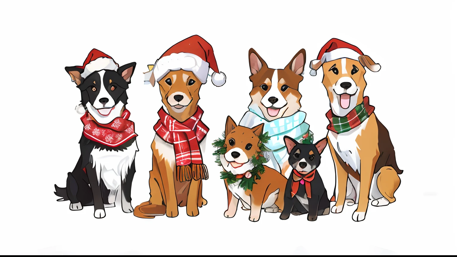 There are a lot of dogs wearing Christmas hats and scarves, wearing festive clothing, Dogs, adolable, added detail, author：Lucette Barker, author：Brenda Chamberlain, LOL, author：Winona Nelson, author：Maximilian Vanka, festivity, awww, Cartoon illustration, inspired by Ernest William Christmas, author：Sylvia Dimitrova, author：Lisa Mirroy, by Sydney Carline