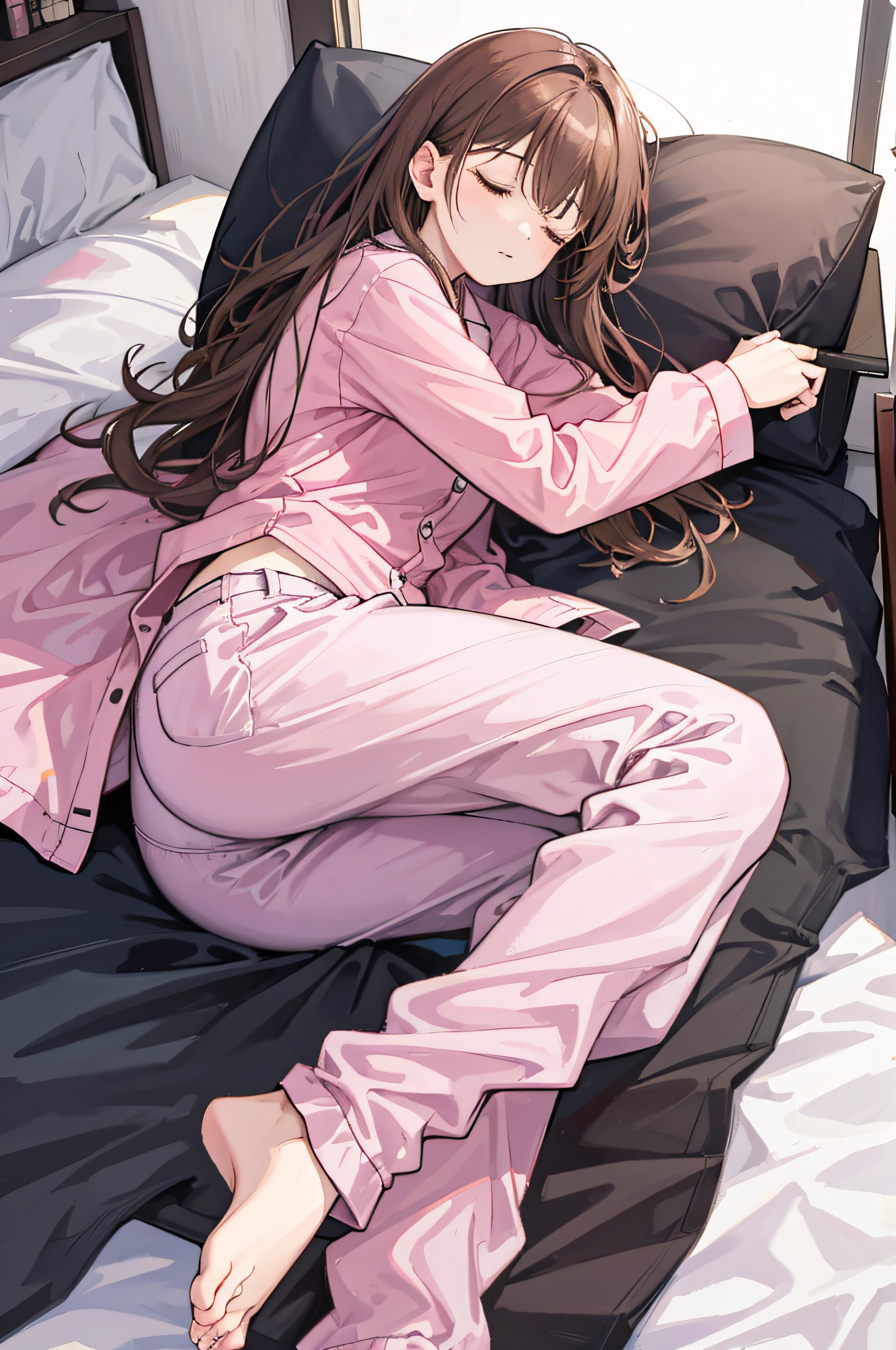 (best quality,masterpiece:1.2),calm,anatomically correct,Japanese girl,dark skin texture,solo,woman,wavy hair,pink,no panties,small breast,baggy shirt,school uniform,barefoot,on bed,lit by soft morning sunlight,flower patterned bedding م