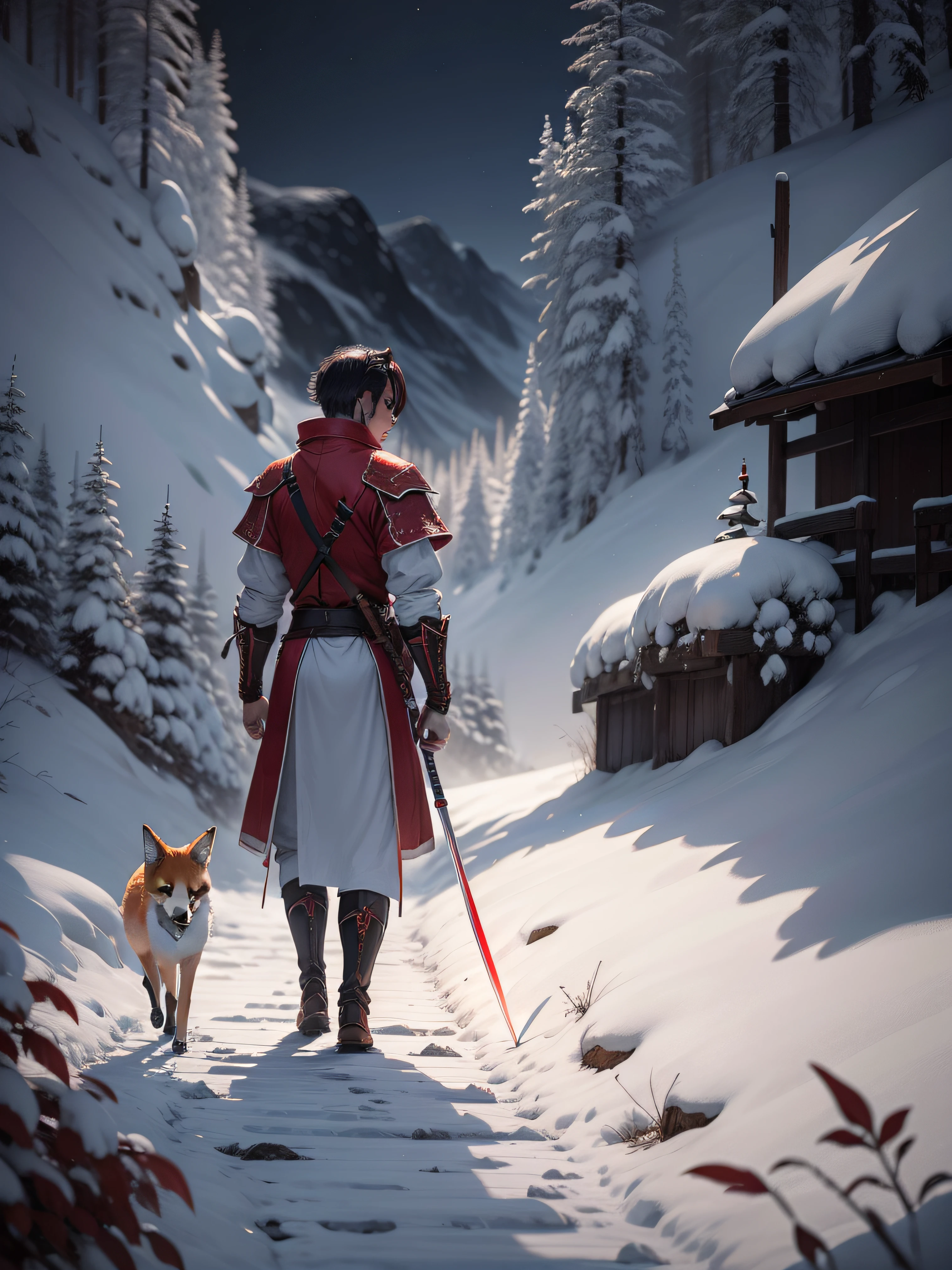 nigth,A male swordsman dressed in red and white,Walking in the mountains;Not far away,A fox with three tails watched him silently。