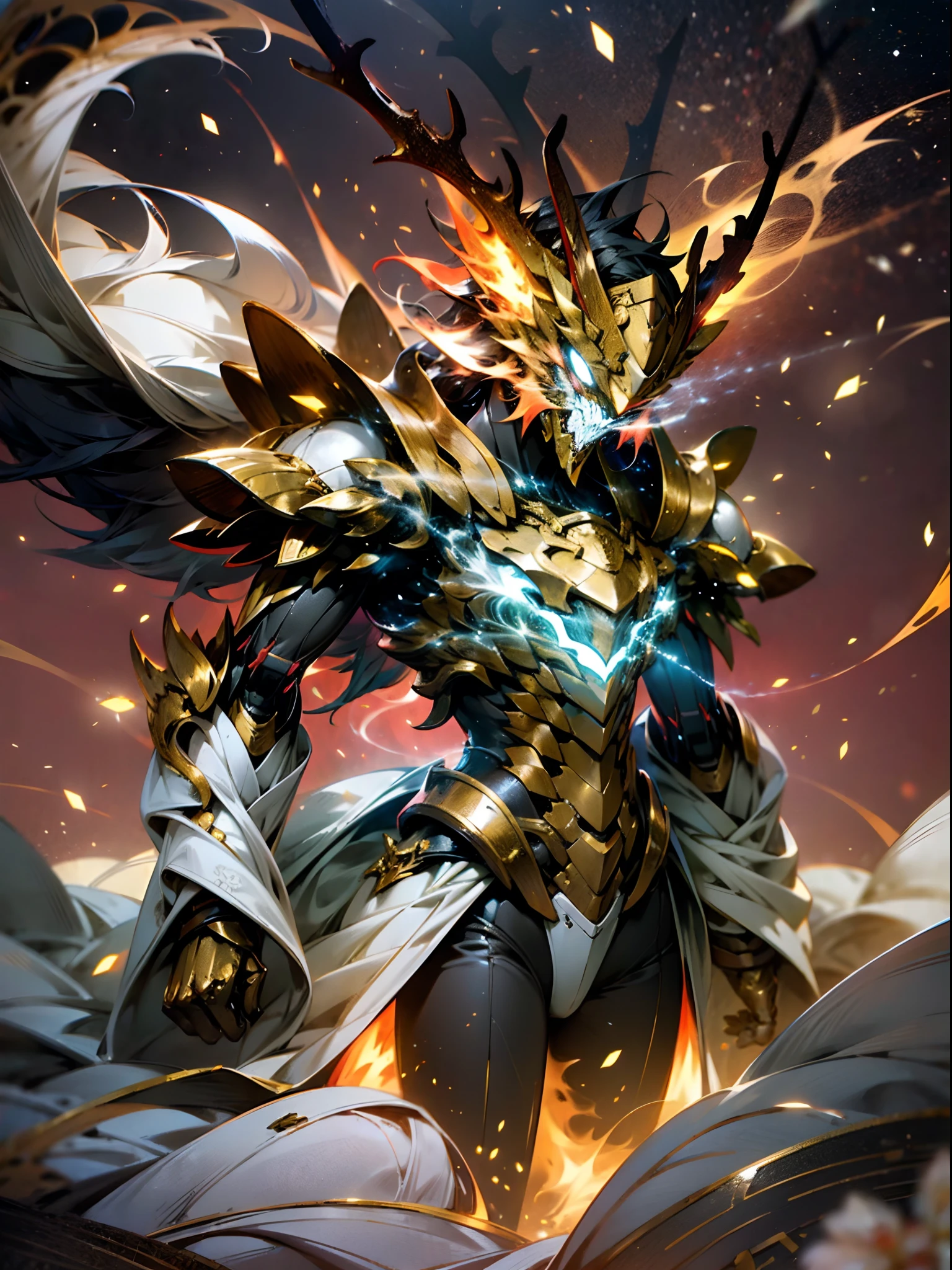 （8K，tmasterpiece，best qualtiy），超高分辨率，（realisticlying：1.4），Flame Dragon Armor，Colored scales，Mecha covers the whole body，Machinary，Shining starry sky，Cloud，A detailed，ultra - detailed，sci-fy，Extremely fine，Golden runes，Particle effect，Focus，East Asian type，Golden antlers，（Magical Circle：1.2），stare into the distance