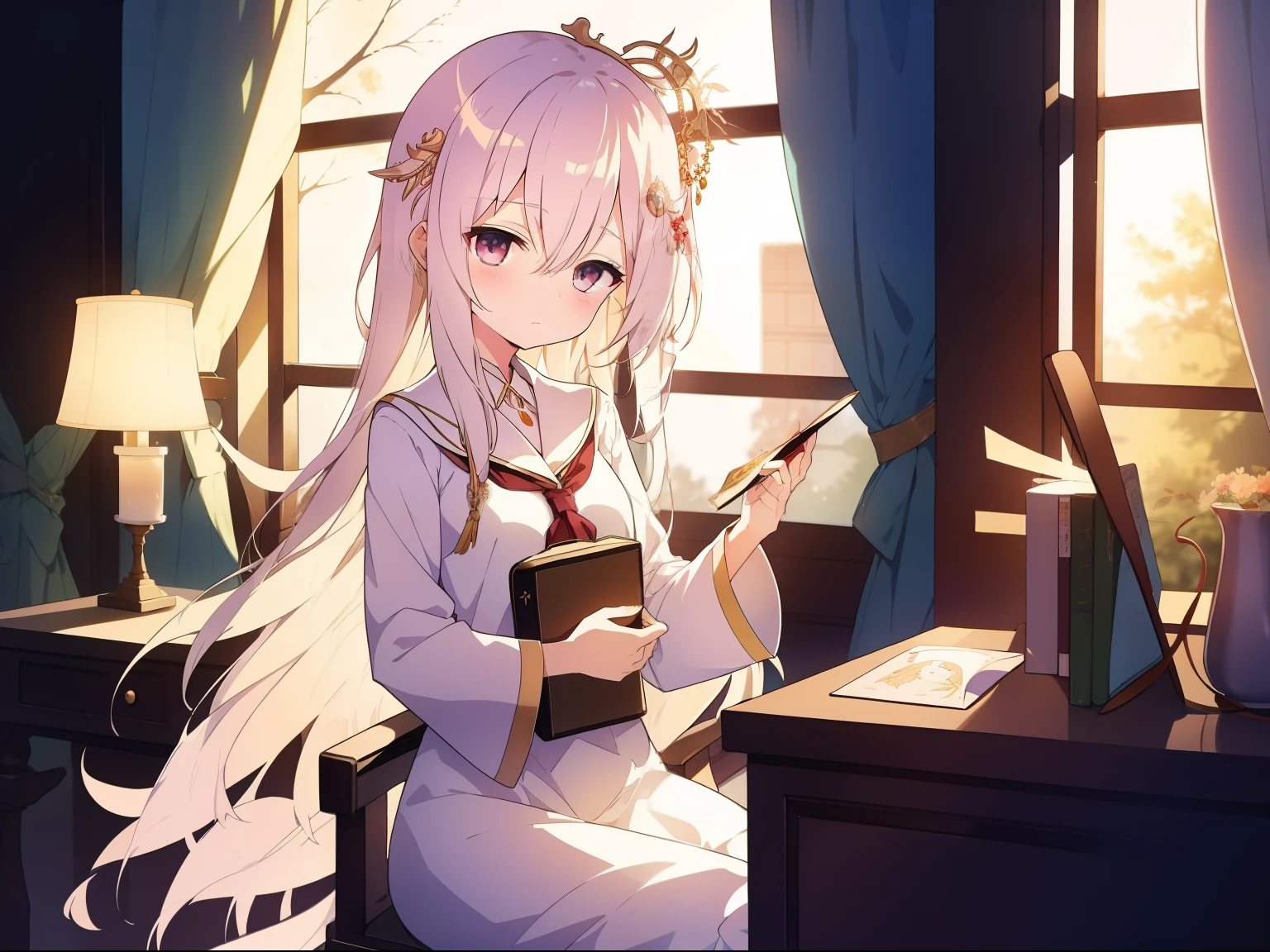 Long white hair shawl,A beautiful face,But the expression is sad,Wearing a gorgeous phoenix crown。The chair is embroidering a purse。The scene can be her dormitory,There is a candlelit atmosphere。