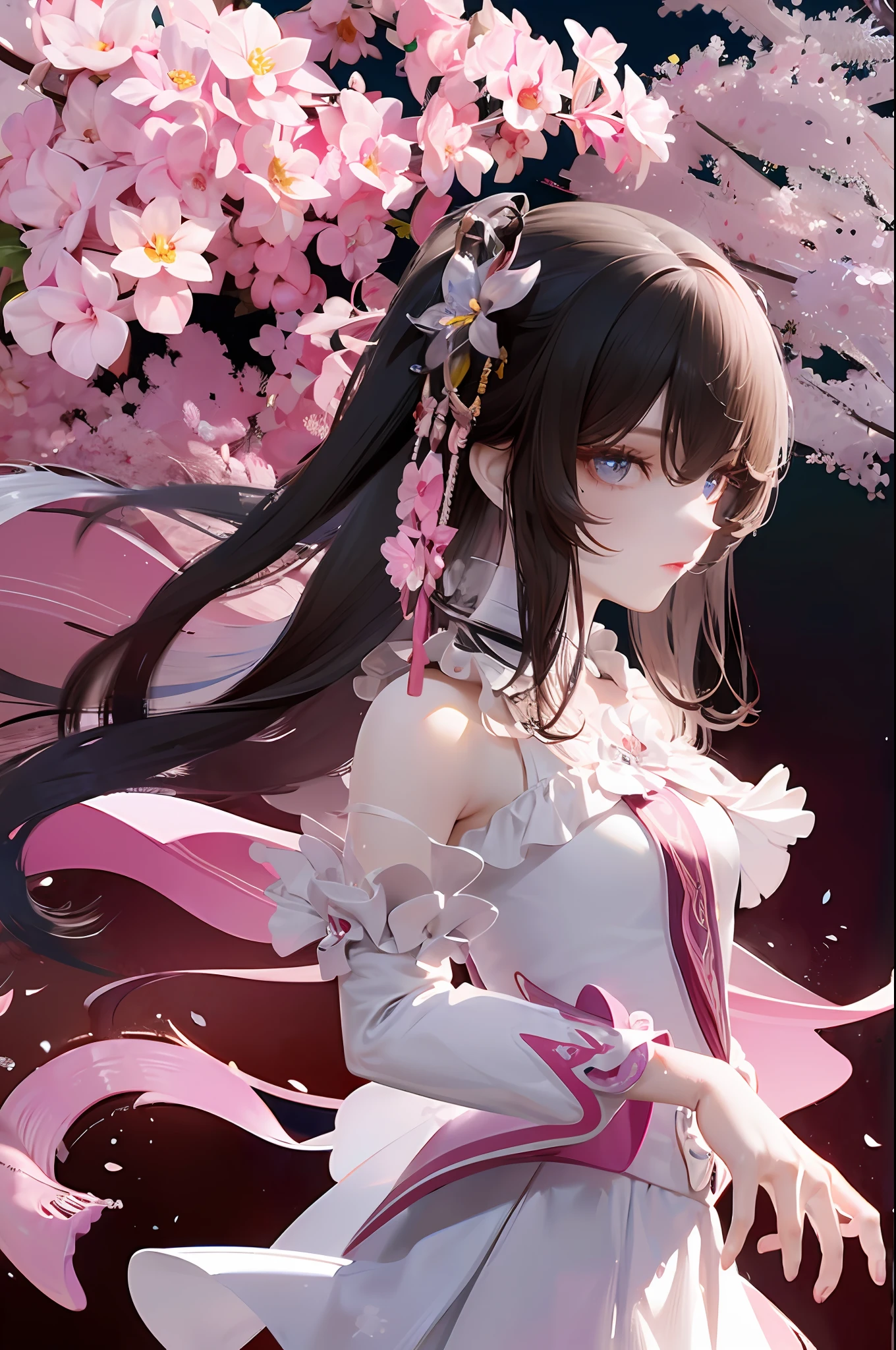 On screen，A young girl with long blue hair stands under a cherry blossom tree，A gentle breeze ruffled her long hair。She wore a white dress，The skirt flutters gently in the wind。The girl's eyes were gentle and serene，It is as if it is at one with the surrounding scenery。In the background is a splendid sea of cherry blossoms，The petals fall in the wind，It's like a dream。The whole picture exudes a soft and warm atmosphere，It makes you feel like you are in a fairytale world。