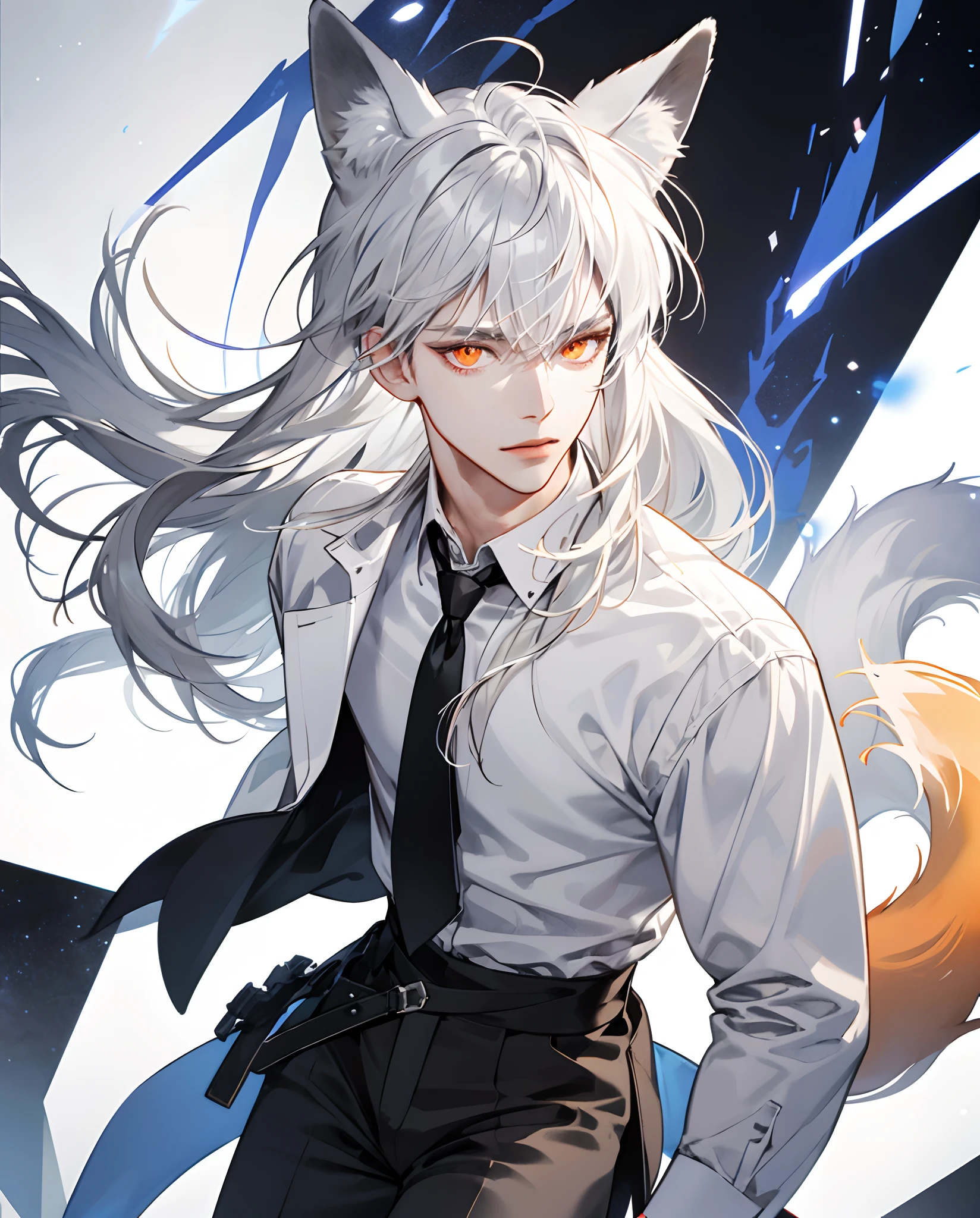 White hair with bangs long hair men's modern clothing animal ears super fine illustration, pinging、Men's solo、Fox ears and fox tail, Highly detailed beautiful face and eyes, view the viewer, Cowboy shot, Beautiful silver hair, Solo, Dynamic Angle, White shirt and black tie,No background、Background through，orange eyes