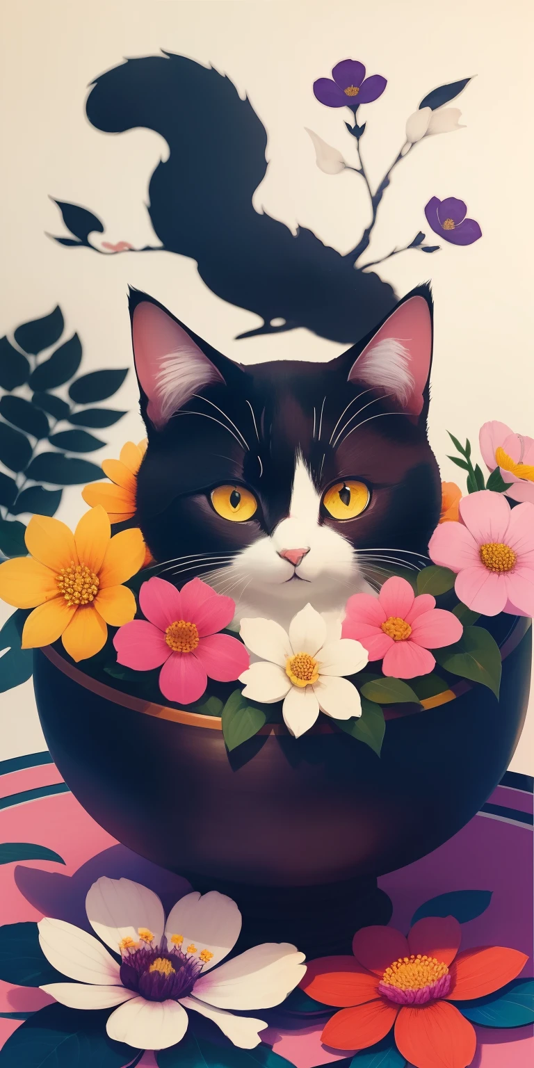 (Masterpiece, best quality: 1.2), shukizuma, negative space, shuimobysim, ink painting, colorful colors, traditional Chinese, cute little cat playing flowers, peaceful, (smile), looking at the scenes, color saturation, bright colors