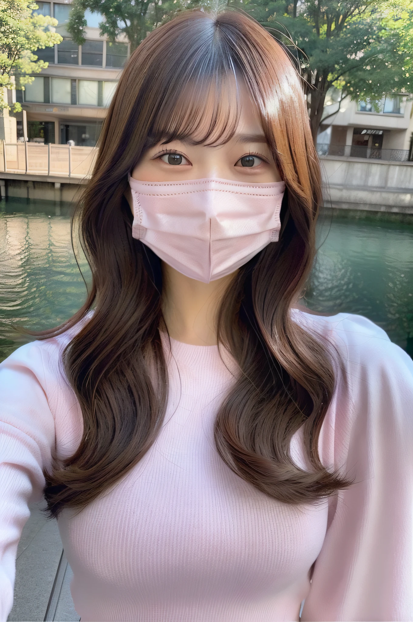 (top-quality、8K、​masterpiece:1.3)、(Pink mask:1.3)、Beautiful Women in Perfect Figure:1.4、light brown hair、Spanning Harley-Davidson、full body Esbian、I'm wearing a cool rider suit、de pele branca、By the river、extremely detailed face and skin、A detailed eye、二重まぶた、Colossal tits、A smile