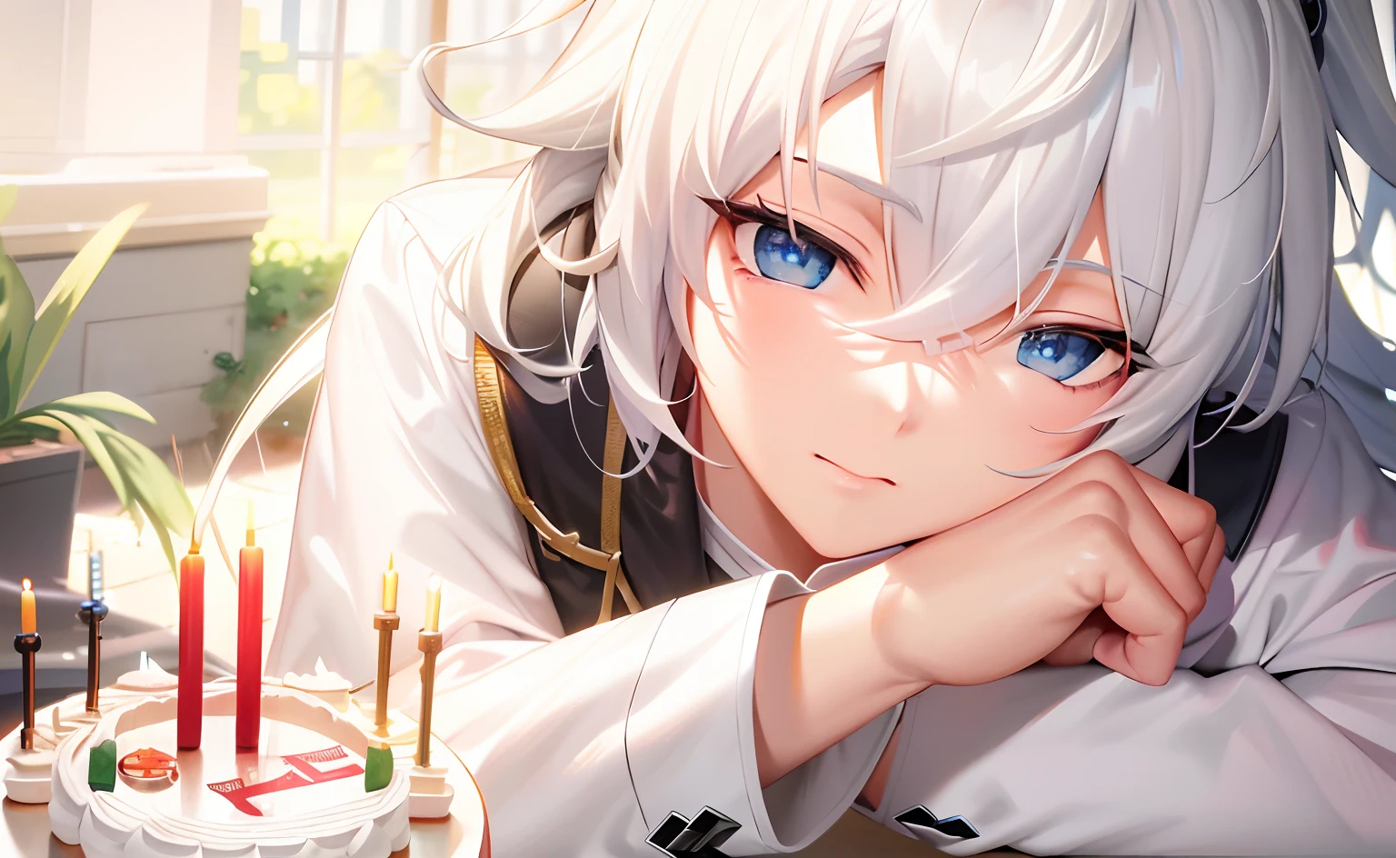 Anime boy with white hair and blue eyes sitting in front of cake, From Arknights, from girls frontline, Kawasi, Guviz, nagito komaeda, Genshin, Girls Frontline CG, Guweiz in Pixiv ArtStation, A scene from the《azur lane》videogame, prussia, hajime yatate, white haired Cangcang