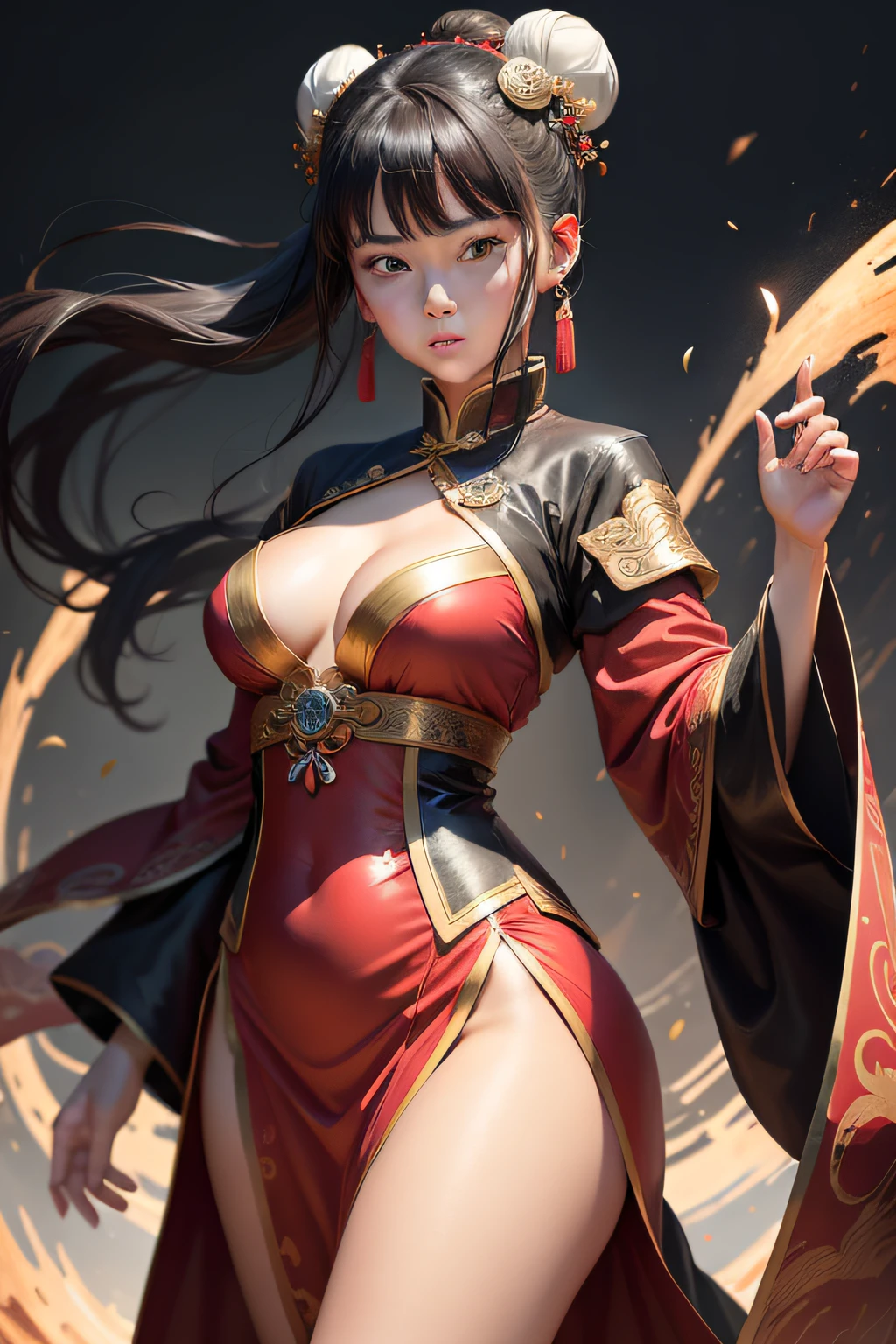 Ancient wind，Beautiful woman in ancient China，Mature，carismatic，Facial features are delicate and fair，Cool temperament，The figure is bumpy，black pupils，red rip，Red clothes，Black hair rolled in a bun，Wearing a gold coat on his head，Chinese red clothes of the Song Dynasty，Red Hangf Dress，Clear face，Noble and magnificent，ultraclear，tmasterpiece，ultra - detailed，high quarity，top-quality，Set a background with simple elements。Invisible Hands，No hands。