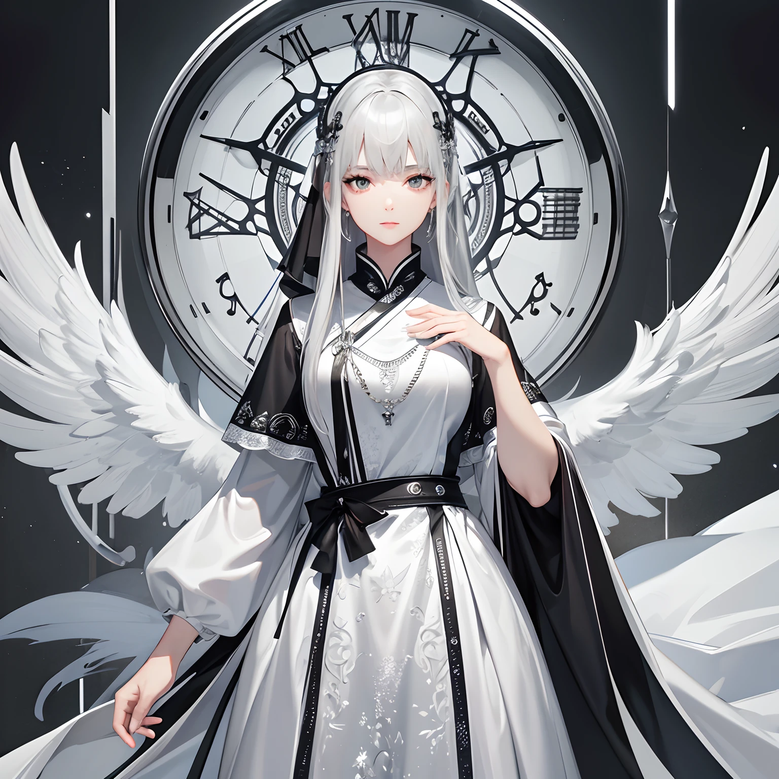 ​masterpiece、top-quality、hight resolution、High-quality images、8K、1womanl、detaileds、Detailed eye depiction、skin gloss、Lustrous silver hair、Monochrome grayscale、Nomiya、portlate、Minerva