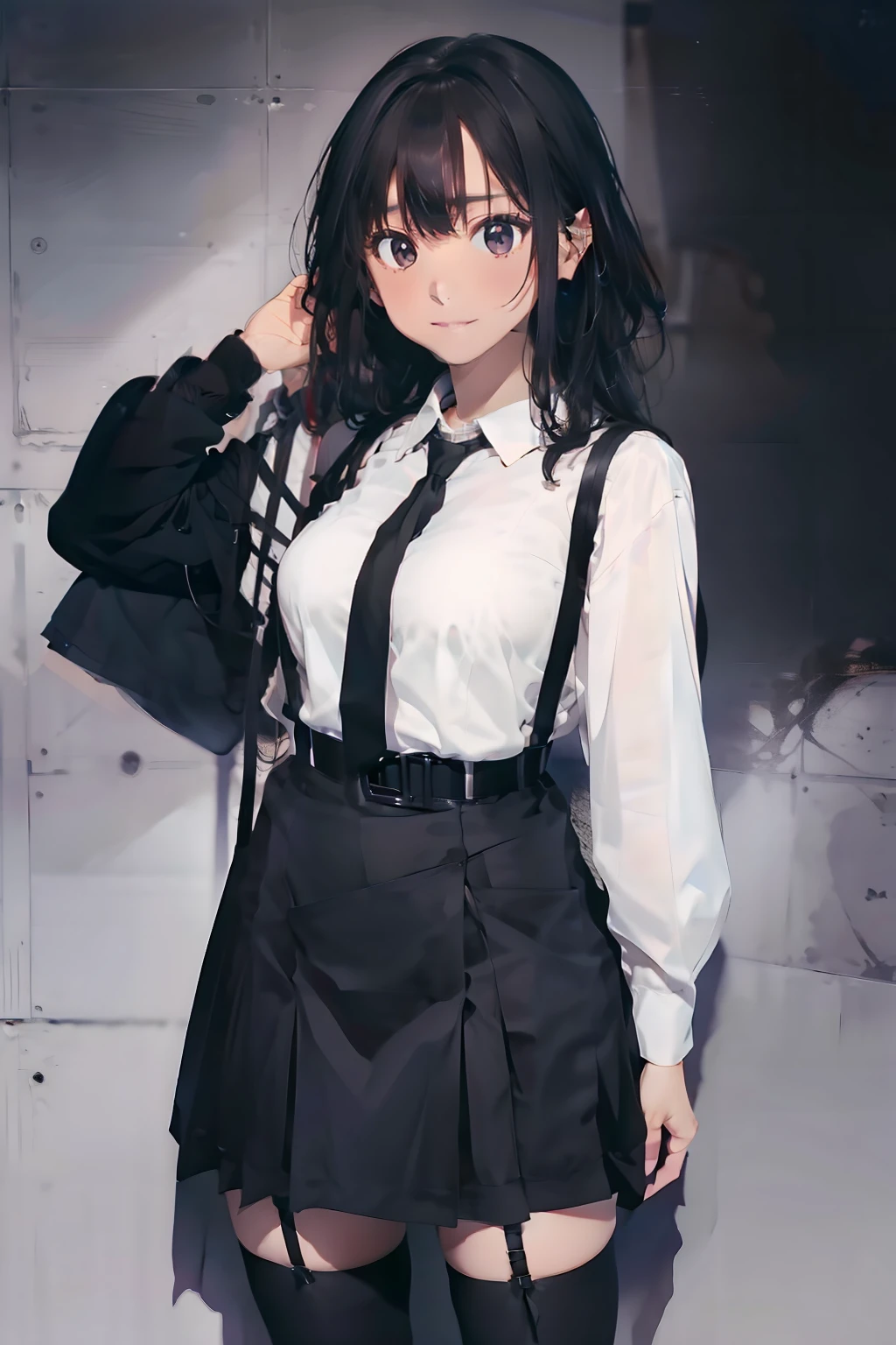 a black skirt, neck tie, Cutter shirt suspenders, Long Black Hair, Gray eyes, holster, Garter belt on the legs, , Big breasts, Pichi Pichi clothes, both sides deadpan Behind