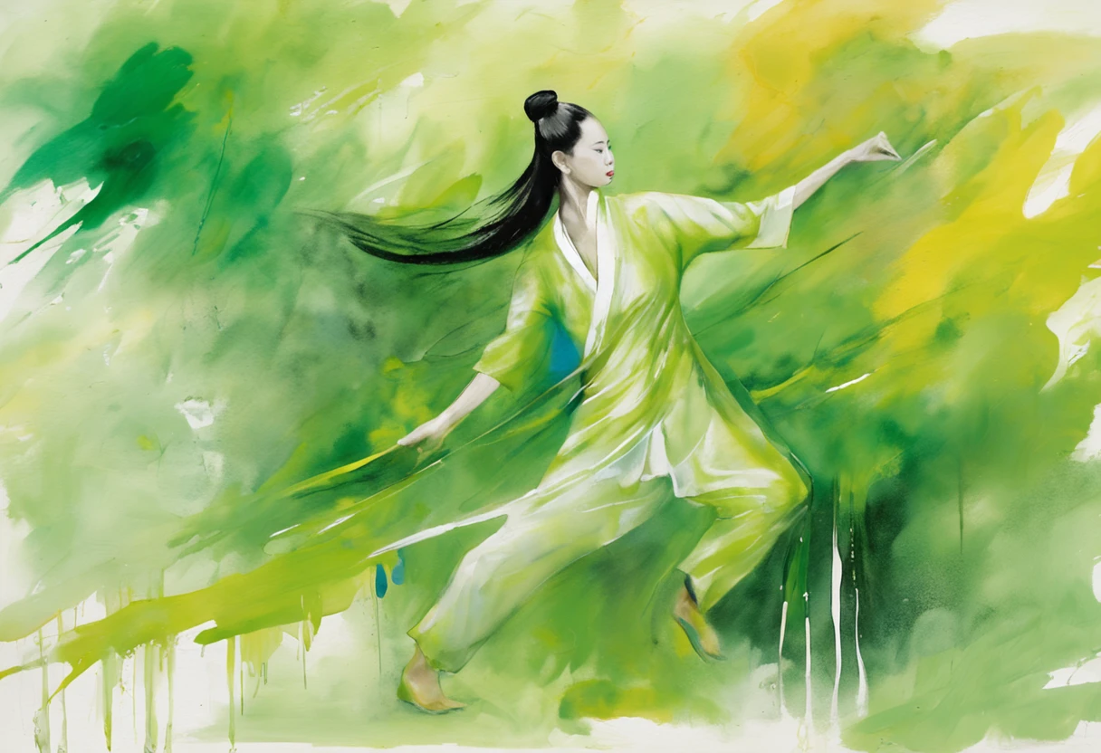 1 girl, Kungfu, Green bamboo forest, Surrounded by rain, Illustration style, Motion blur, Long exposure to the whole body, Exquisite facial features, Chinese ink style, Martial arts style, selective focus, in a panoramic view, (Bokeh:1.5)