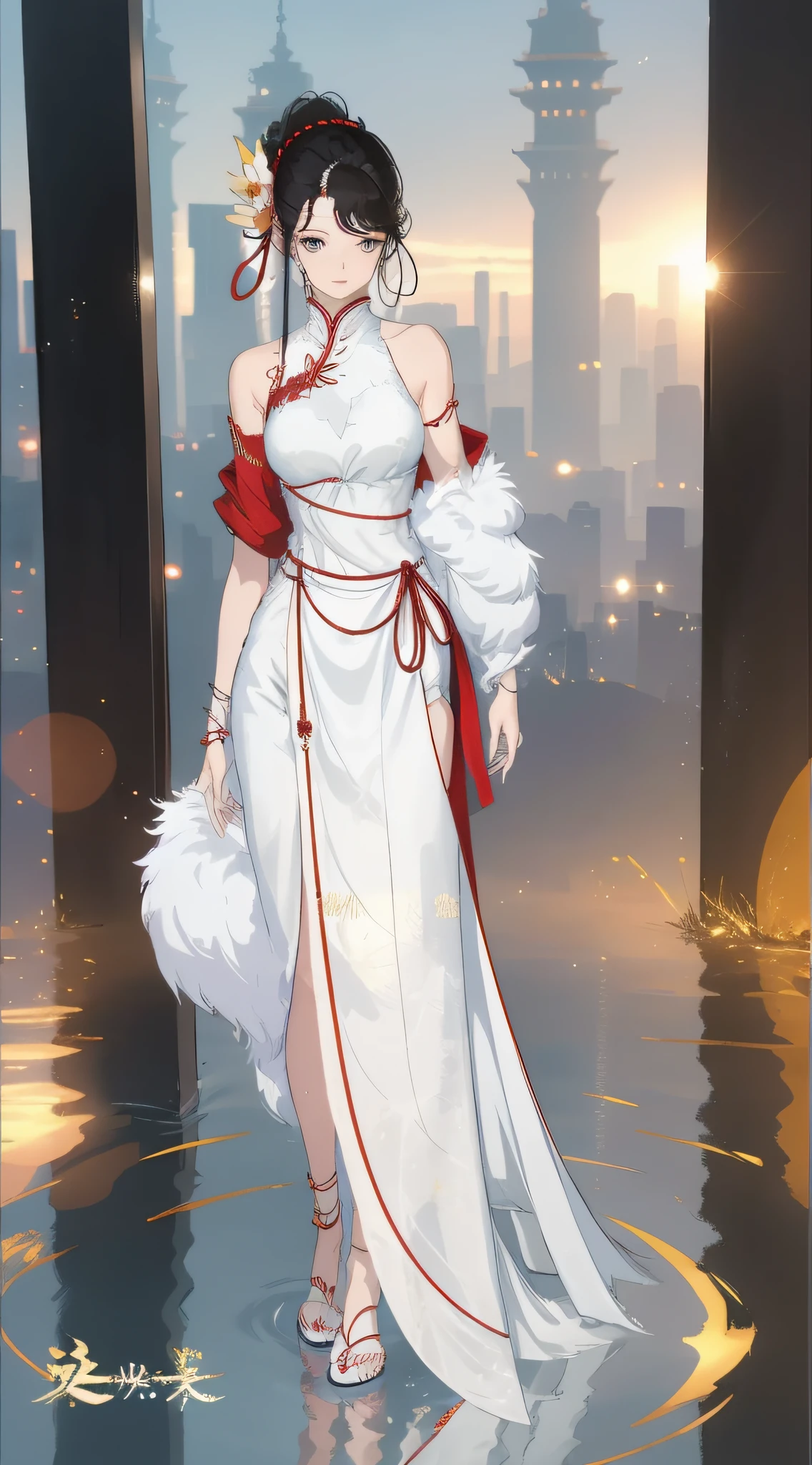 （best qualtiy，tmasterpiece：1.2），超高分辨率，realisticlying，Front lighting，Complicated details，Exquisitedetailsandtextures，（1girll），独奏，The upper part of the body，red color Hanfu，Petal pattern，Nice big eyes，Red dress，beauitful face，facing to audience，Streamers，gossamer，（年轻），Facial highlights，Detal Face，tear-mole，white skinned，Silvery hair，High ponytail，looking at viewert，largeeyes，（Openwork pattern），耳Nipple Ring，slimfigure，white backgrounid，correct hand，profesional lighting，photon maping，Radio City，physically-based renderingt