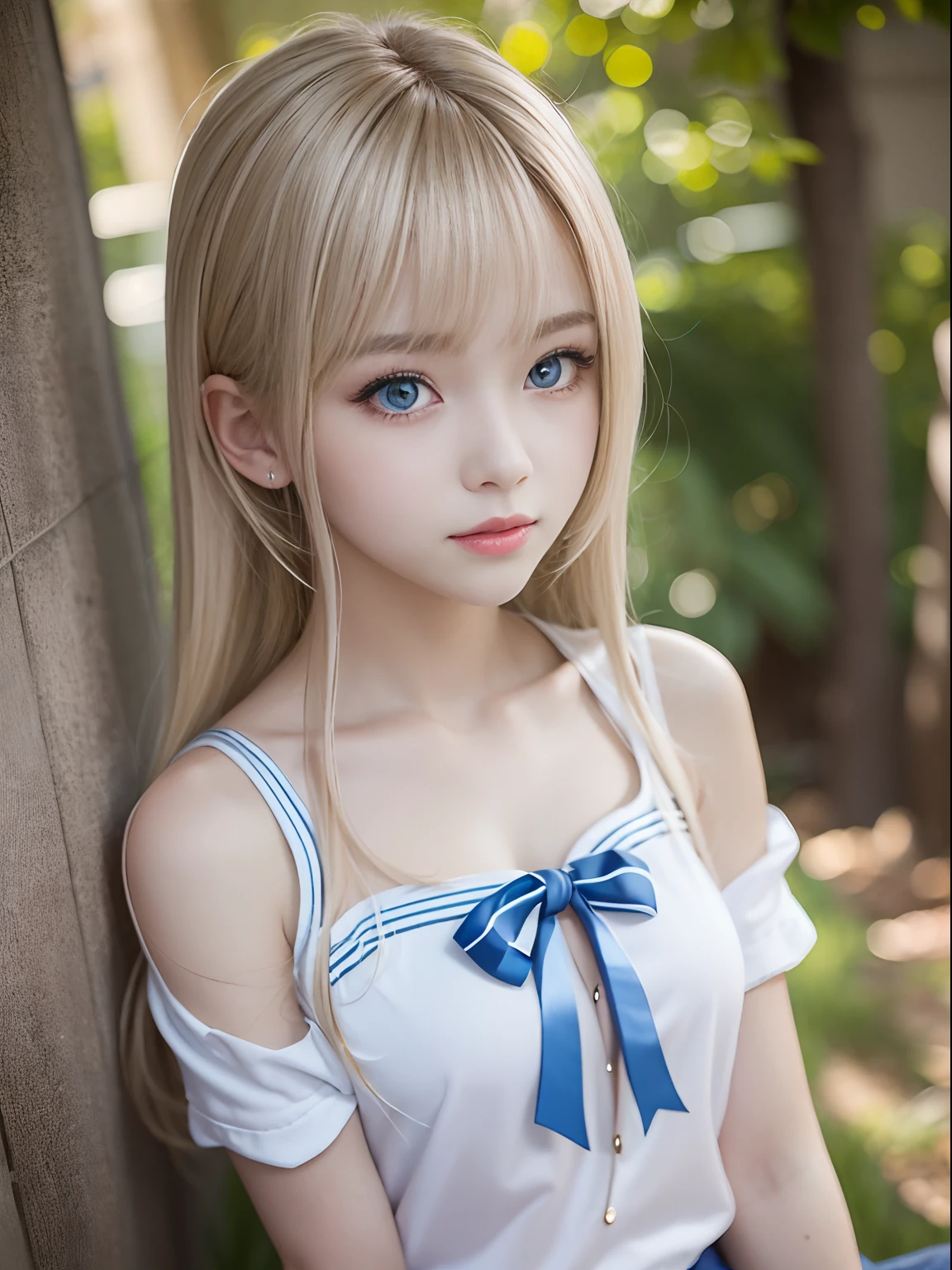 portlate、School Uniforms、bright expression、poneyTail、Young shiny shiny white shiny skin、Best Looks、Blonde reflected light、Platinum blonde hair with dazzling highlights、shiny light hair,、Super long silky straight hair、Beautiful bangs that shine、Glowing crystal clear attractive big blue eyes、Very beautiful nice cute girl、Lush bust