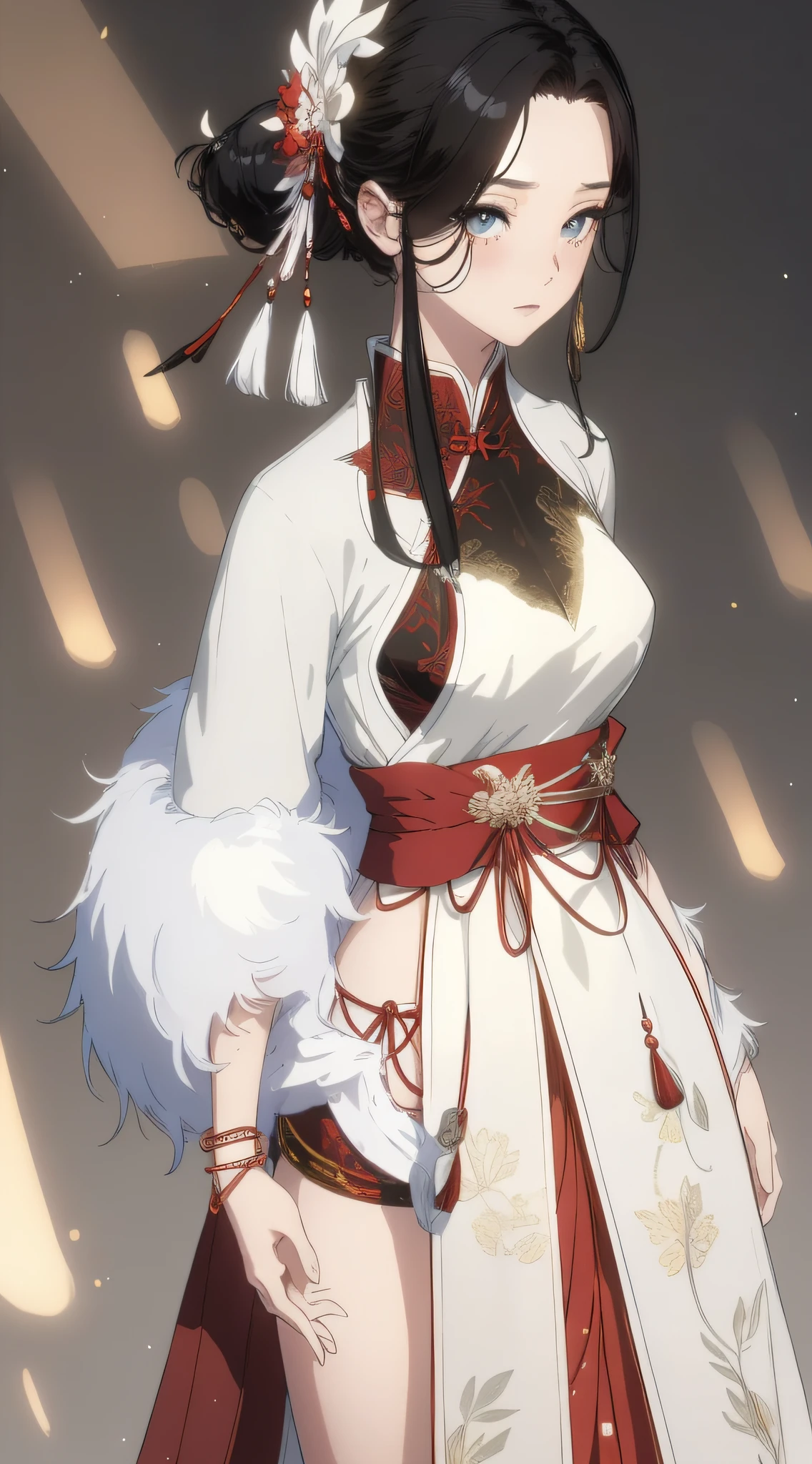 (best qualtiy,tmasterpiece:1.2),超高分辨率,realisticlying,Front lighting,Complicated details,Exquisitedetailsandtextures,(1girll),独奏,The upper part of the body,red color Hanfu,Petal pattern,Nice big eyes,Red dress,beauitful face,facing to audience,Streamers,gossamer,(年轻),Facial highlights,Detal Face,tear-mole,white skinned,Silvery hair,High ponytail,looking at viewert,largeeyes,(Openwork pattern),耳Nipple Ring,slimfigure,white backgrounid,correct hand,profesional lighting,photon maping,Radio City,physically-based renderingt
