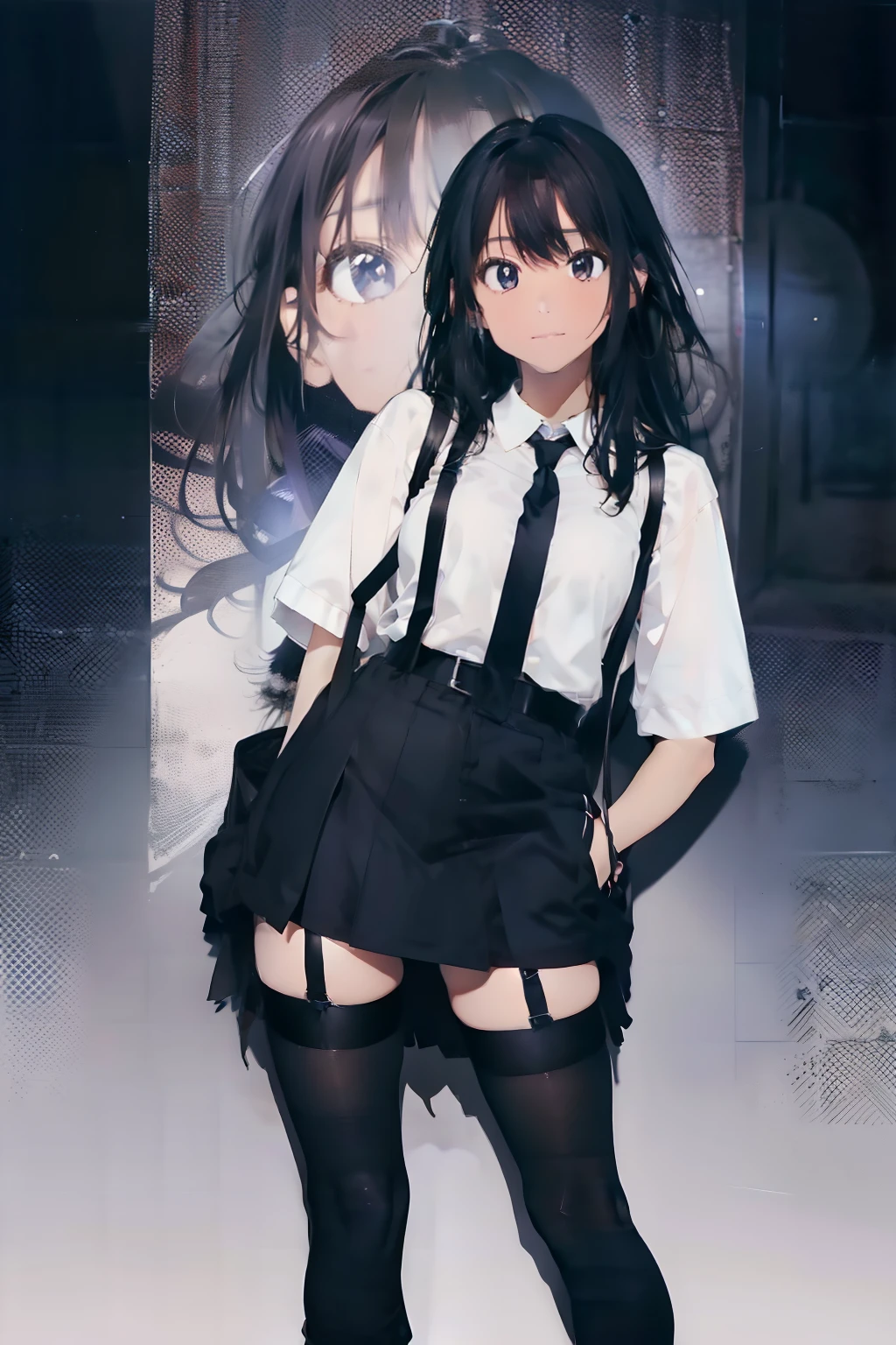 a black skirt, neck tie, Y shirt　suspenders, Long Black Hair, Gray eyes, holster, Garter belt on the legs, , Big breasts, Pichi Pichi clothes, both sides　deadpan　Behind