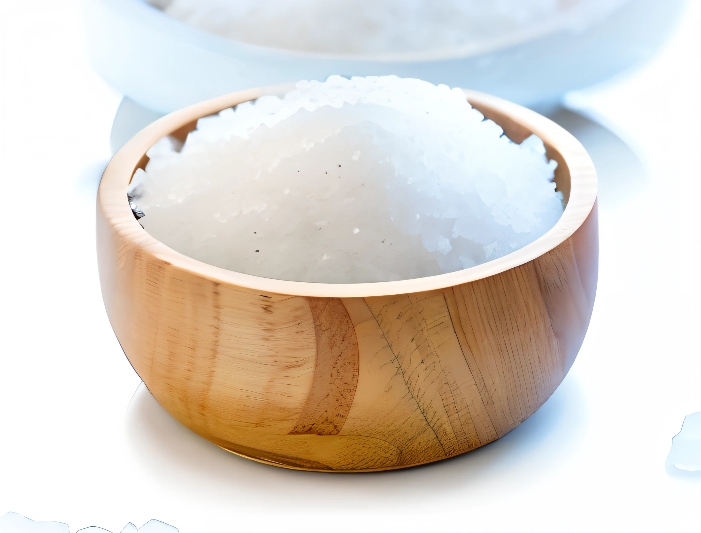 Look at a close-up of a bowl of sugar with a spoon, white salt, sugar, ,Black gold tones,close up of single sugar crystal, resin, salt, Dry Ice, balls of rice, Best quality, Bumps, Loose, Long, White wax, soap, rice, sake, slush, sugar snow, on a wooden plate, really large bosum, Viscous, water particulate
