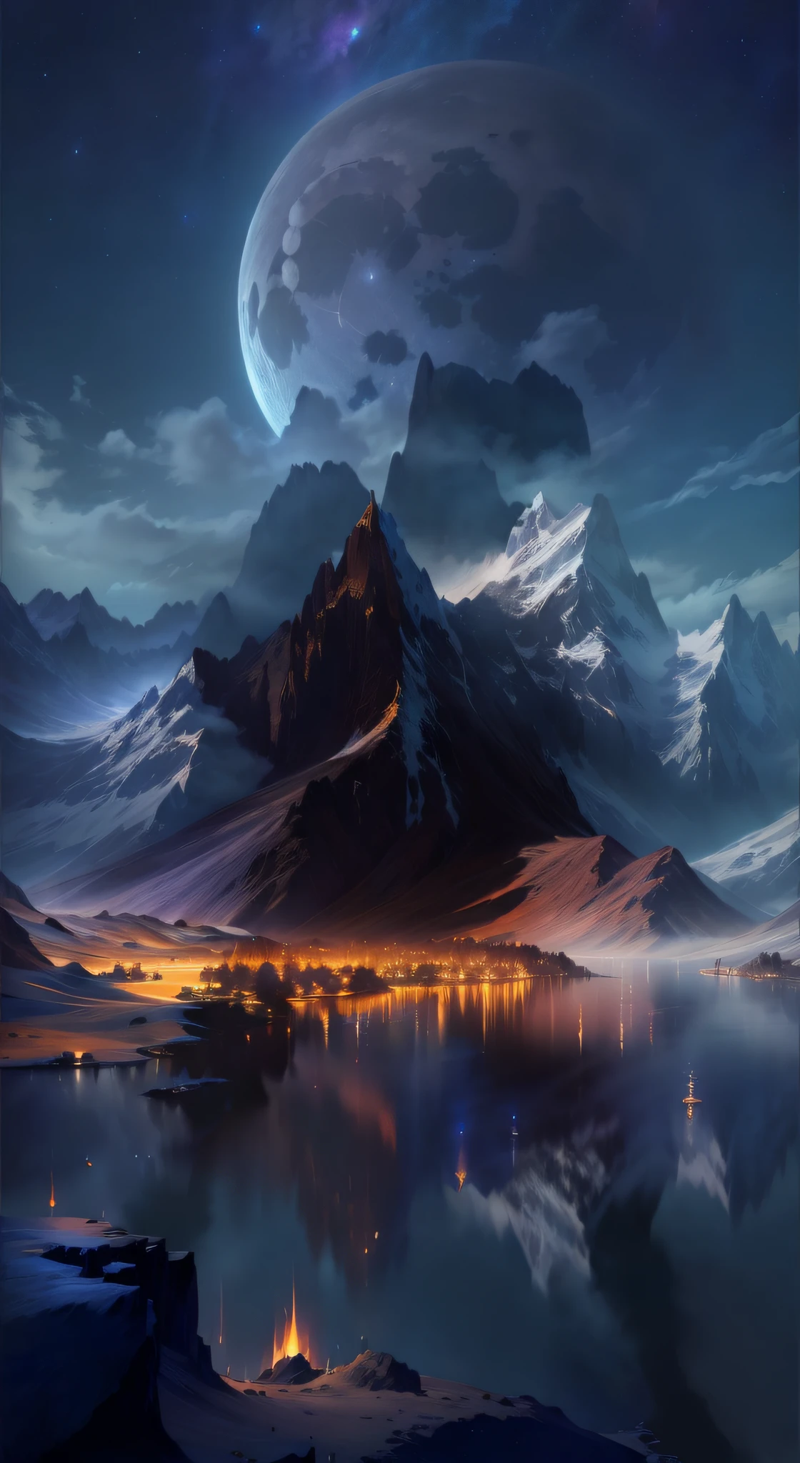 mountains and a lake with a moon in the sky, 4k highly detailed digital art, 4 k hd wallpaper very detailed, impressive fantasy landscape, sci-fi fantasy desktop wallpaper, unreal engine 4k wallpaper, 4k detailed digital art, sci-fi fantasy wallpaper, epic dreamlike fantasy landscape, 4k hd matte digital painting, 8k stunning artwork