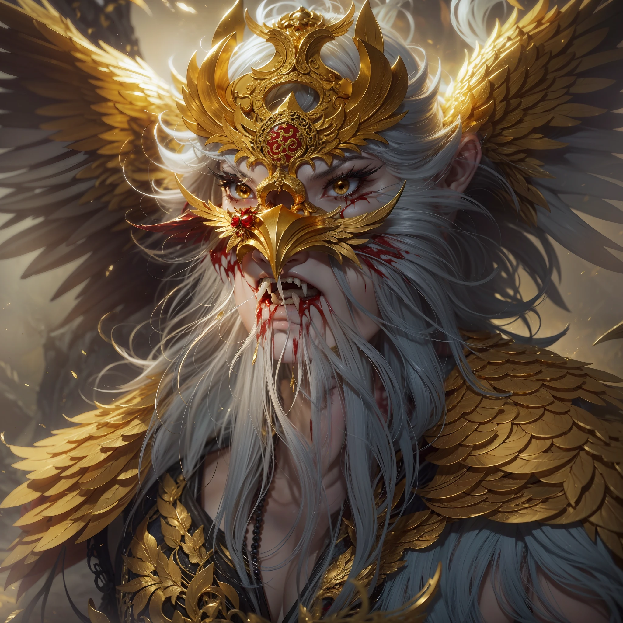 Chinese mythology and stories,Journey,King of Golden-winged eagles,Eagle head,A half body,closeup cleavage,golden colored,gold,Open your mouth,tosen,Fierce eyes,Blood,A mouth full of blood,Dripping blood,Puffing,massive wings,Thick feathers,feater,Super close,Sharp focus,best qualtiy,8K分辨率,tmasterpiece,Works of masters,