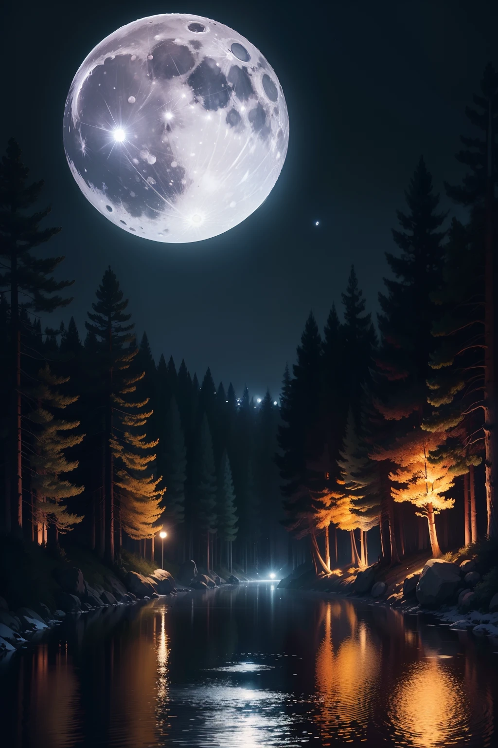 The full moon shines on the trees。, calm evening. Digital illustration, autumn night, beautiful moonlight night, moonlit night dreamy atmosphere, beautiful moon light, Full moon background, Very Beautiful Digital Art, beautiful digital art, Full moon and rainy nights, Realistic moon in background, beautiful moon light, Moonlight background, Moonlit Night, background artwork