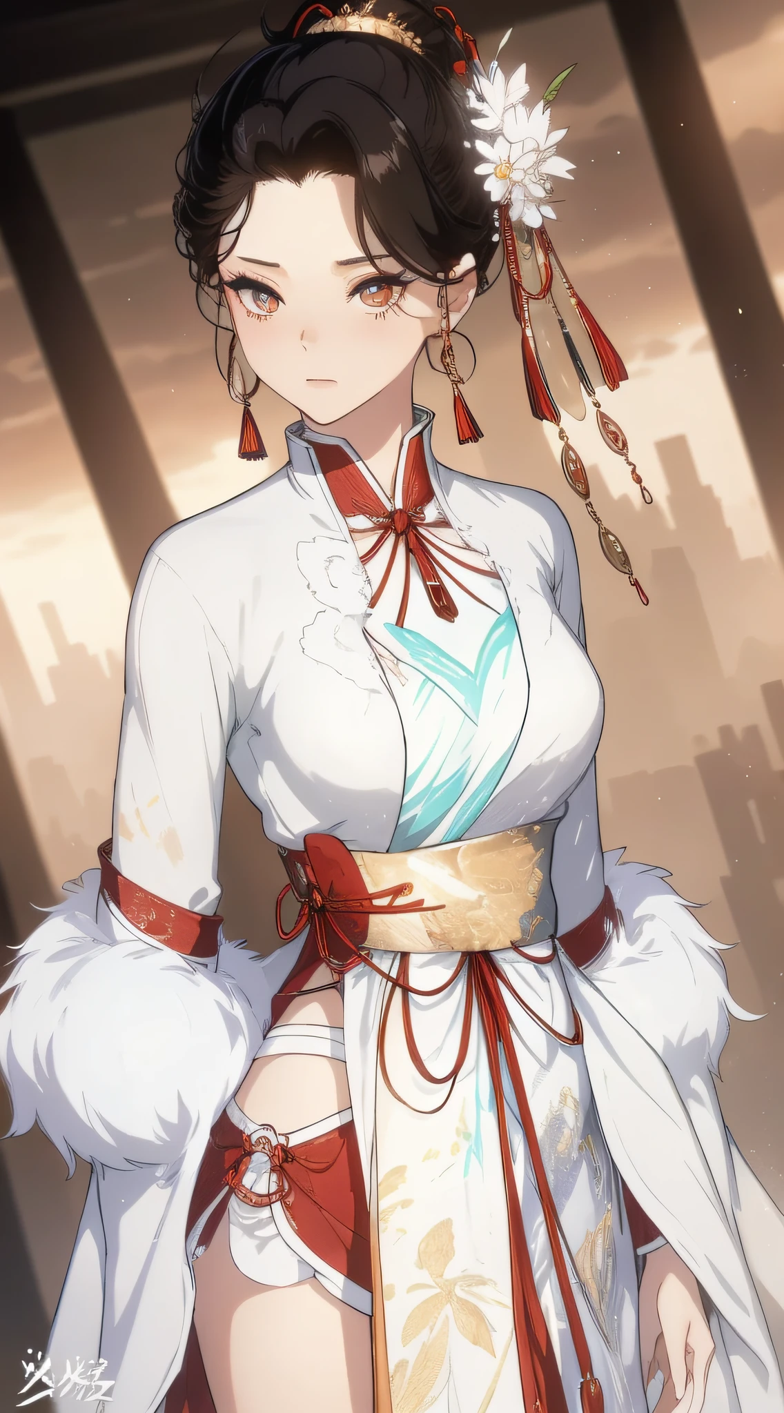 (best qualtiy,tmasterpiece:1.2),超高分辨率,realisticlying,Front lighting,Complicated details,Exquisitedetailsandtextures,(1girll),独奏,The upper part of the body,red color Hanfu,Petal pattern,Nice big eyes,Red dress,beauitful face,facing to audience,Streamers,gossamer,(年轻),Facial highlights,Detal Face,tear-mole,white skinned,Silvery hair,High ponytail,looking at viewert,largeeyes,(Openwork pattern),耳Nipple Ring,slimfigure,white backgrounid,correct hand,profesional lighting,photon maping,Radio City,physically-based renderingt