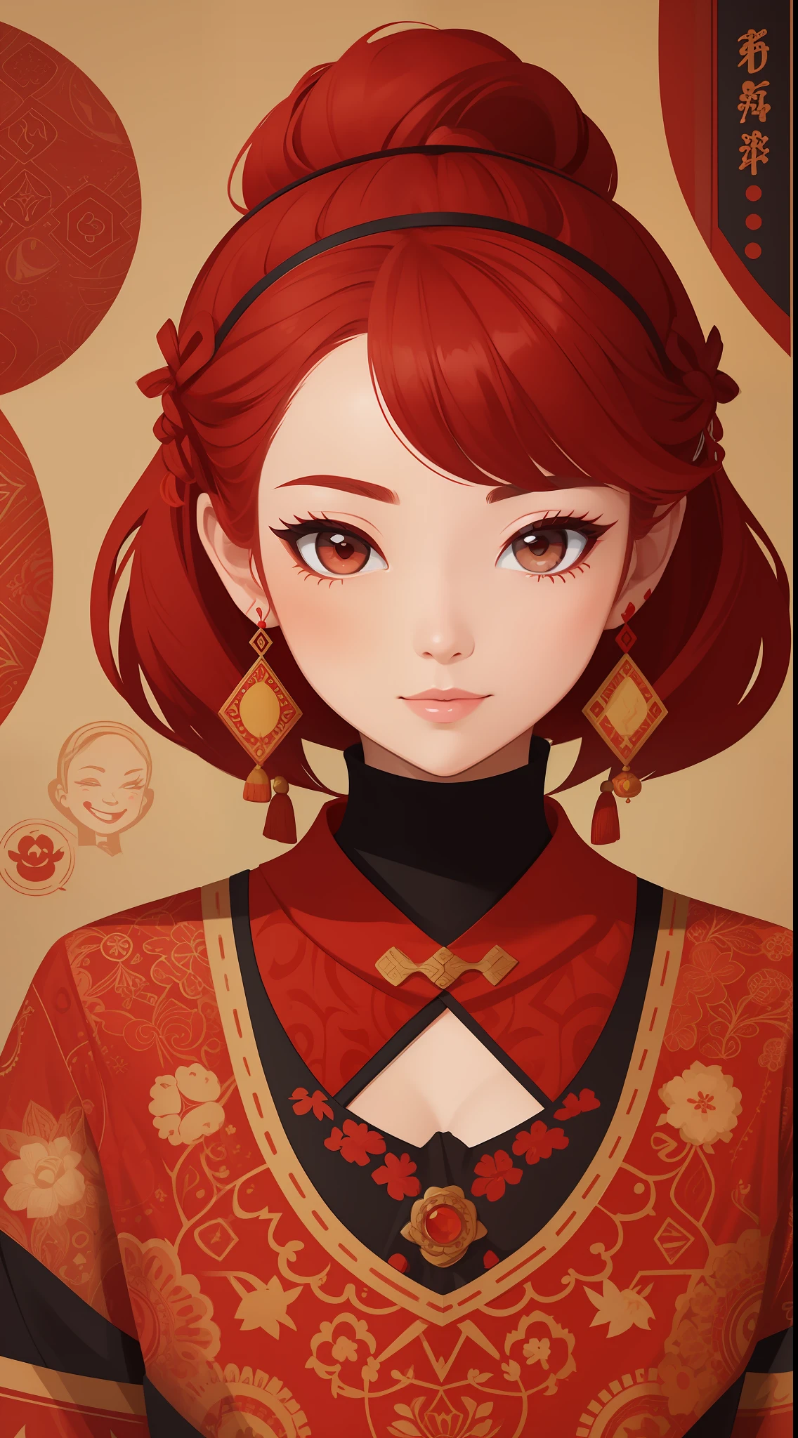 a cartoon ilustration of a lady ina red beauty, sandara tang, mixed patterns, text and emoji beauty, sandara tang, mixed patterns, text and emoji installations, close up, charming character ilustrations,folkloric