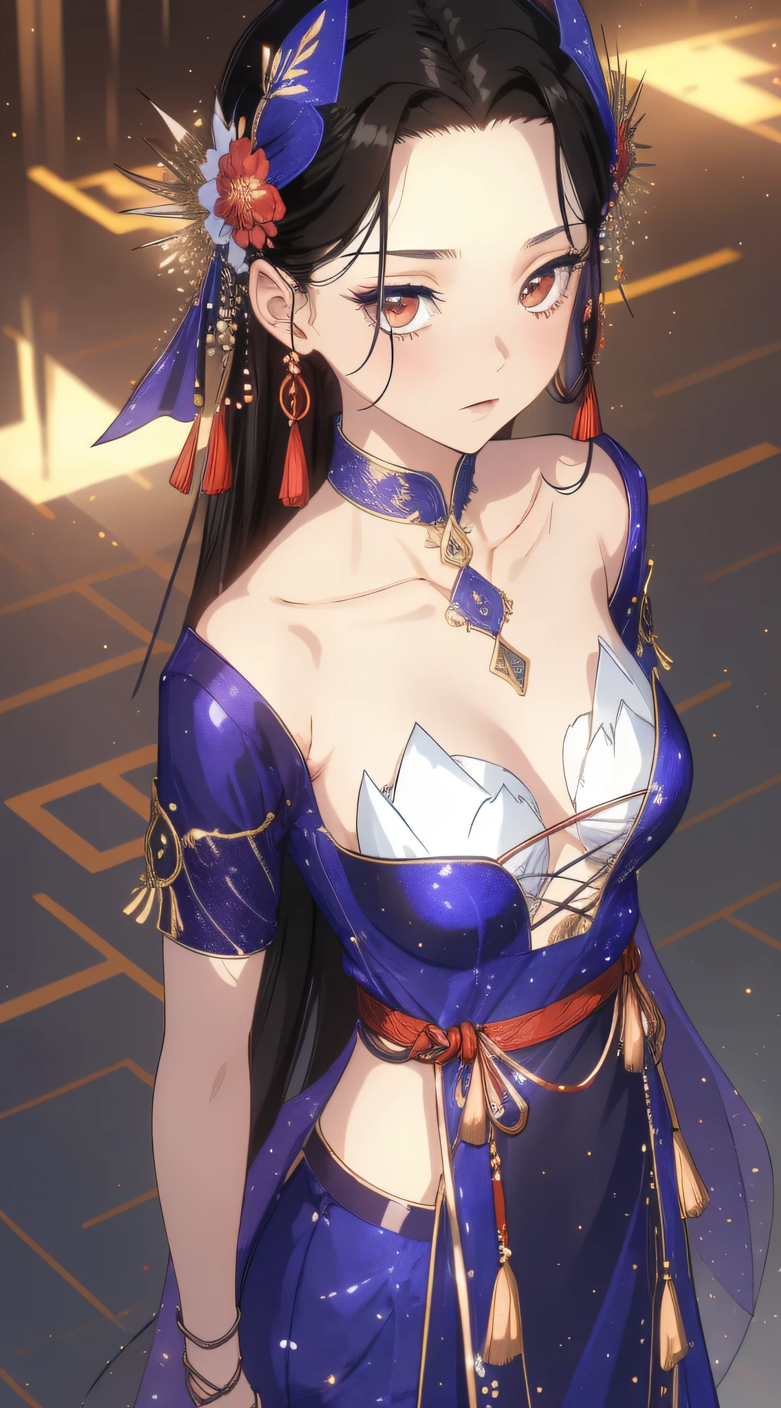 (best qualtiy,tmasterpiece:1.2),超高分辨率,realisticlying,Front lighting,Complicated details,Exquisitedetailsandtextures,(1girll),独奏,The upper part of the body,red color Hanfu,Petal pattern,Nice big eyes,Red dress,beauitful face,facing to audience,Streamers,gossamer,(年轻),Facial highlights,Detal Face,tear-mole,white skinned,Silvery hair,High ponytail,looking at viewert,largeeyes,(Openwork pattern),耳Nipple Ring,slimfigure,white backgrounid,correct hand,profesional lighting,photon maping,Radio City,physically-based renderingt
