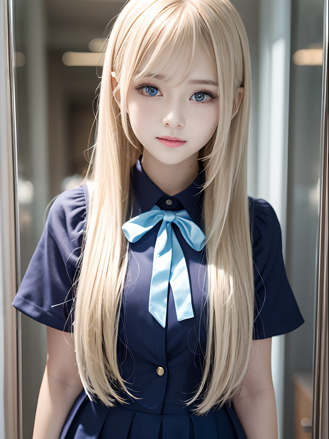 portlate、School Uniforms、bright expression、Young shiny shiny white shiny skin、Best Looks、Blonde reflected light、Platinum blonde hair with dazzling highlights、shiny light hair,、Super long silky straight hair、Beautiful bangs that shine、Glowing crystal clear attractive big blue eyes、Very beautiful nice cute girl、Lush bust、poneyTail、