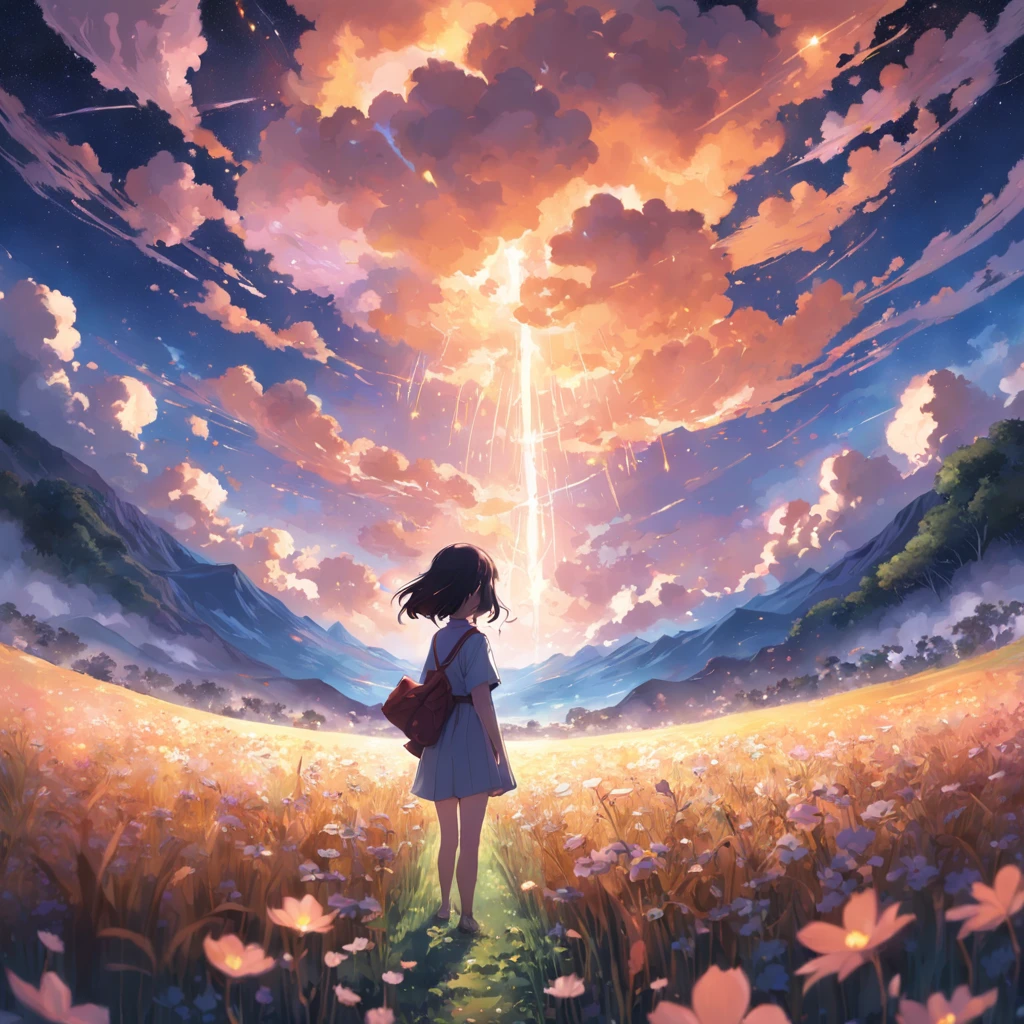 Makoto Shinkai, expansive landscape photograph , (a view from below that shows sky above and open field below), a girl standing on flower field looking up, (full moon:1.2), ( shooting stars:0.9), (nebula:1.3), distant mountain, tree BREAK production art, (warm light source:1.2), (Firefly:1.2), lamp, lot of purple and orange, intricate details, volumetric lighting BREAK (masterpiece:1.2), (best quality), 4k, ultra-detailed, (dynamic composition:1.4), highly detailed, colorful details,( iridescent colors:1.2), (glowing lighting, atmospheric lighting), dreamy, magical, (solo:1.2)