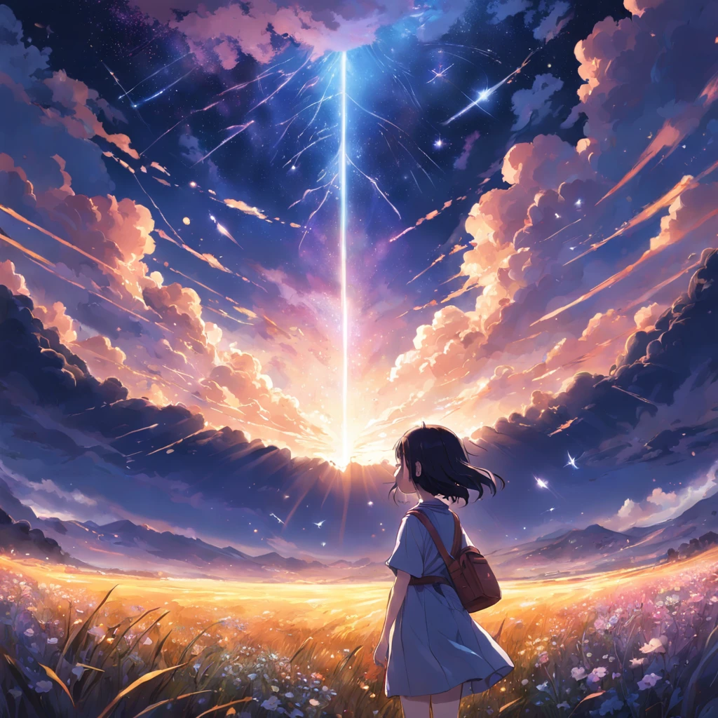 Makoto Shinkai, expansive landscape photograph , (a view from below that shows sky above and open field below), a girl standing on flower field looking up, (full moon:1.2), ( shooting stars:0.9), (nebula:1.3), distant mountain, tree BREAK production art, (warm light source:1.2), (Firefly:1.2), lamp, lot of purple and orange, intricate details, volumetric lighting BREAK (masterpiece:1.2), (best quality), 4k, ultra-detailed, (dynamic composition:1.4), highly detailed, colorful details,( iridescent colors:1.2), (glowing lighting, atmospheric lighting), dreamy, magical, (solo:1.2)