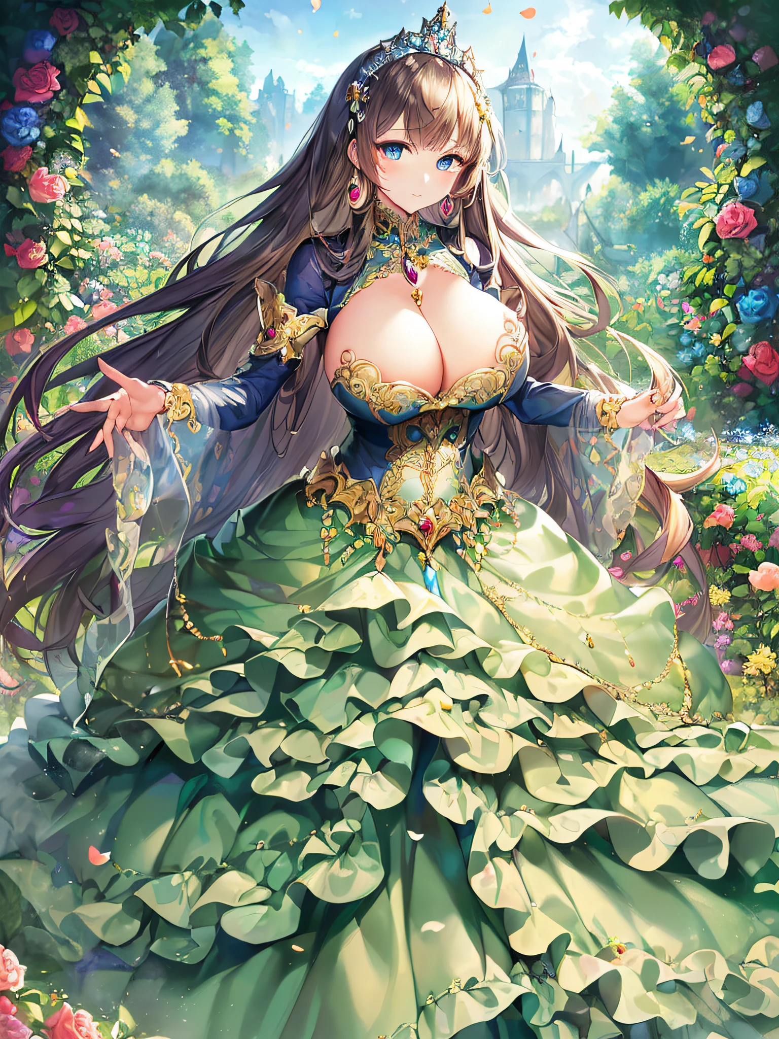 ((anime artstyle)),(Masterpiece),(Best Quality), (Super Detail),((Very Delicate and Beautiful)),(((Solo))),((full body portrait)),((1 princess in gorgeous princess rococo ballgown with voluminous full length hoop skirt)),((crinoline)),Long train,(((standing in garden))),(gorgeous gemstone jewelry),detailed face and eyes,jewel-like eyes,((large amount of straight hair,extremely voluminous Hair,Very Long Straight Hair)),((gigantic tits,Long tits)),cleavage,extremely gorgeousfull hair ornament,((bling-bling extremely gorgeousfull jeweled tiara)),((Dynamic Angle)),Looking at viewer,,flowers,flower petals flowing,((gorgeous princess rococo ballgown with voluminous full length hoop skirt))