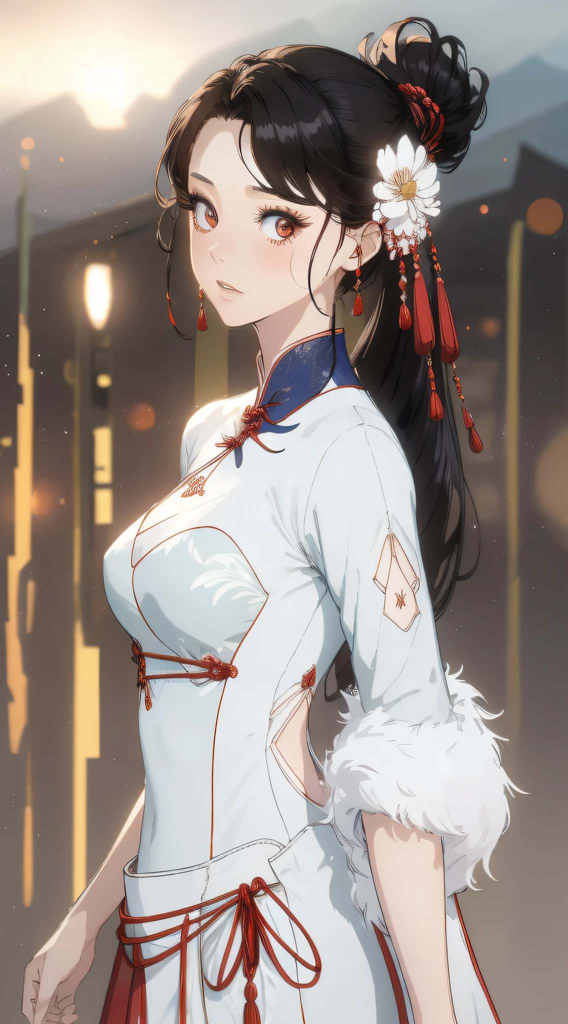 (best qualtiy,tmasterpiece:1.2),超高分辨率,realisticlying,Front lighting,Complicated details,Exquisitedetailsandtextures,(1girll),独奏,The upper part of the body,red color Hanfu,Petal pattern,Nice big eyes,Red dress,beauitful face,facing to audience,Streamers,gossamer,(年轻),Facial highlights,Detal Face,tear-mole,white skinned,Silvery hair,High ponytail,looking at viewert,largeeyes,(Openwork pattern),耳Nipple Ring,slimfigure,white backgrounid,correct hand,profesional lighting,photon maping,Radio City,physically-based renderingt