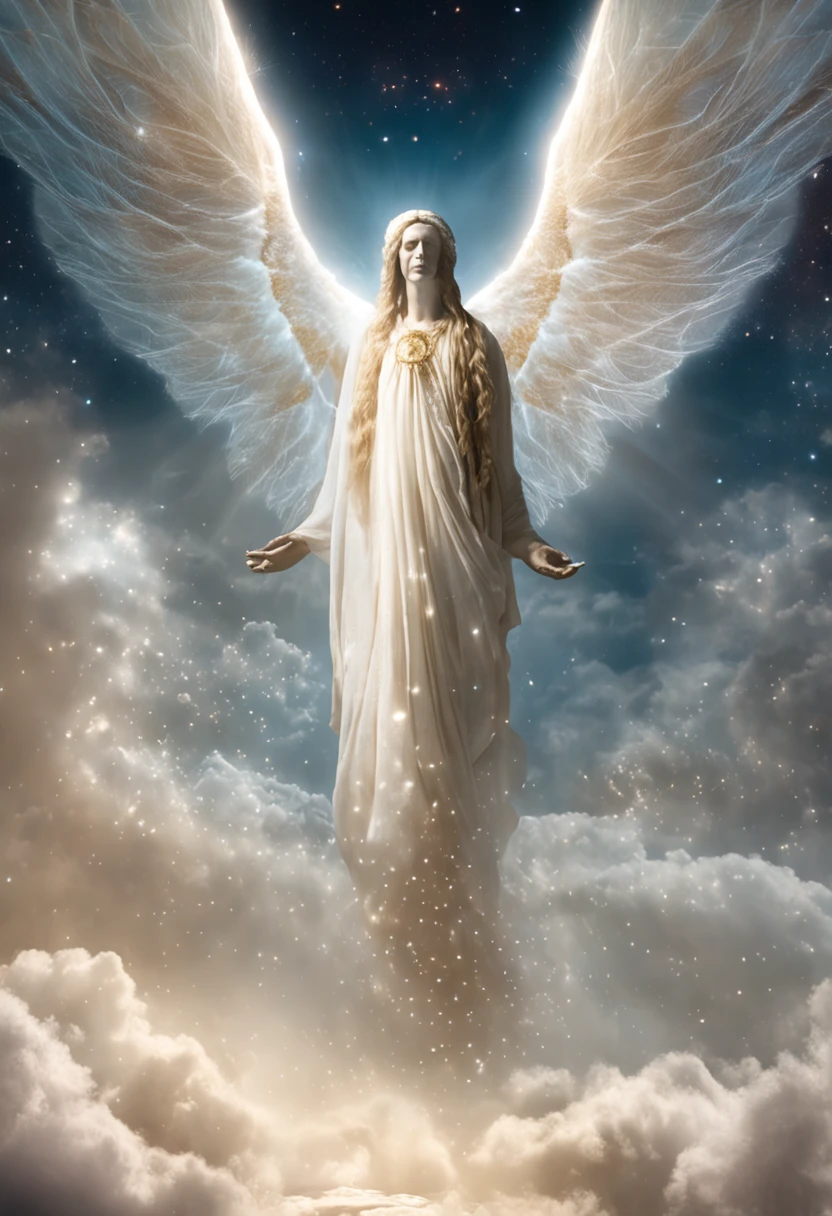 Stylized representations of starships, and of the ascended masters Hilarion and Archangel Raphael. Both should appear watching over the universe and controlling the manifestation of any negative energy,they must possess a white light enveloping the body,like a golden shield