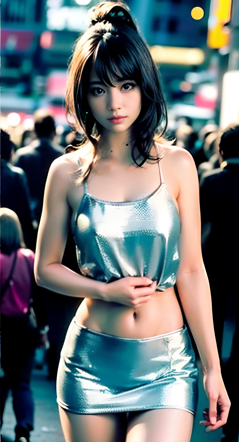 best quality, 1girl, (skindentation), (huge breast:1.2), (blur background:0.6), in a crowded amusement park, (casual yet stylish, elegant sheer cloth, see-through transparent dress:1.5 ), gorgeous, (short hair:1.5), soft lighting, wind, (front light:1.5), surprised, no panties, no bra, shaved vagina, legs spread apart,