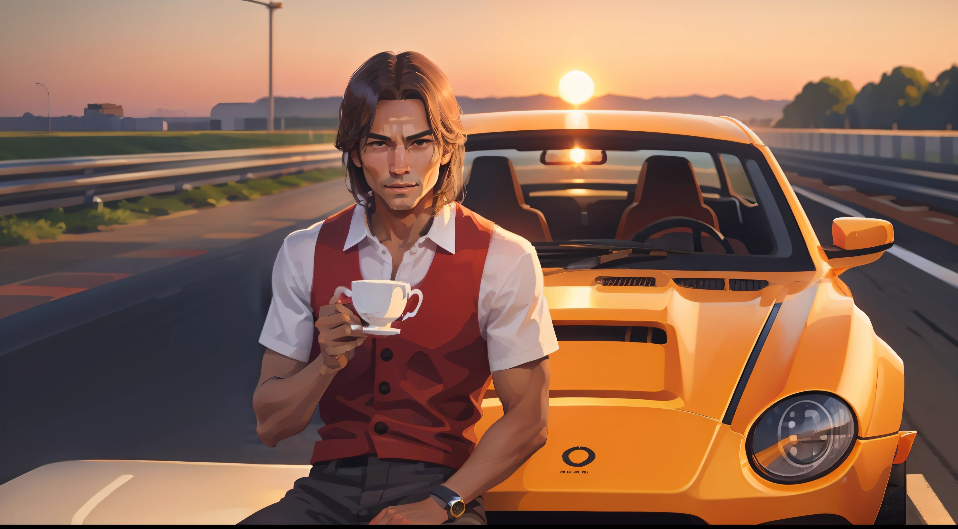Sunset, Trackside, Man sitting in front of a race car, Hold a teacup in your hand, Enjoy the aroma of tea leisurely。