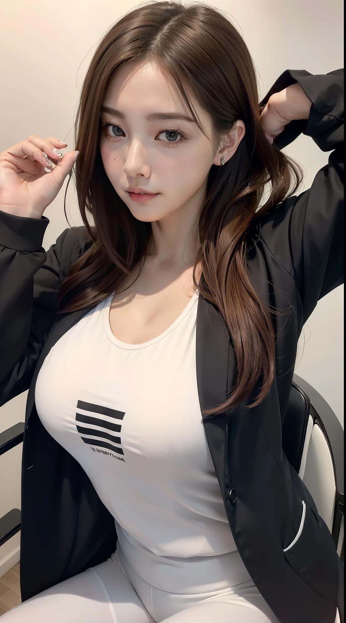 (best quality, 4k, 8k, high-res, masterpiece:1.2), ultra-detailed, (realistic, photorealistic, photo-realistic:1.37), (beautiful detailed eyes, beautiful detailed lips, extremely detailed eyes and face), studio lighting, physically-based rendering, vivid colors, (big tits, super big tits, super extra big tits, glamorous body), (black tank top:1.2), (military jacket:1.5), (long black straight hair, shiny hair, shiny skin), (blurred background), (tilt your head to the side:1.5), (portrait, profile:1.5),KPOP Idol Face、looking at viewert、She's looking at this、Have cleavage、Transverse breasts、The chest is open