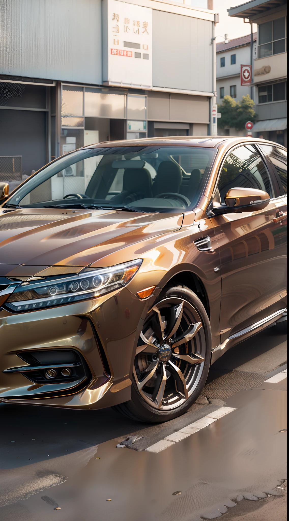 Honda Accord,Hot stamping process,Gold bodywork,loong pattern,8K,super exquisite details,The background is next to the street,45 degree view in front of the right,
