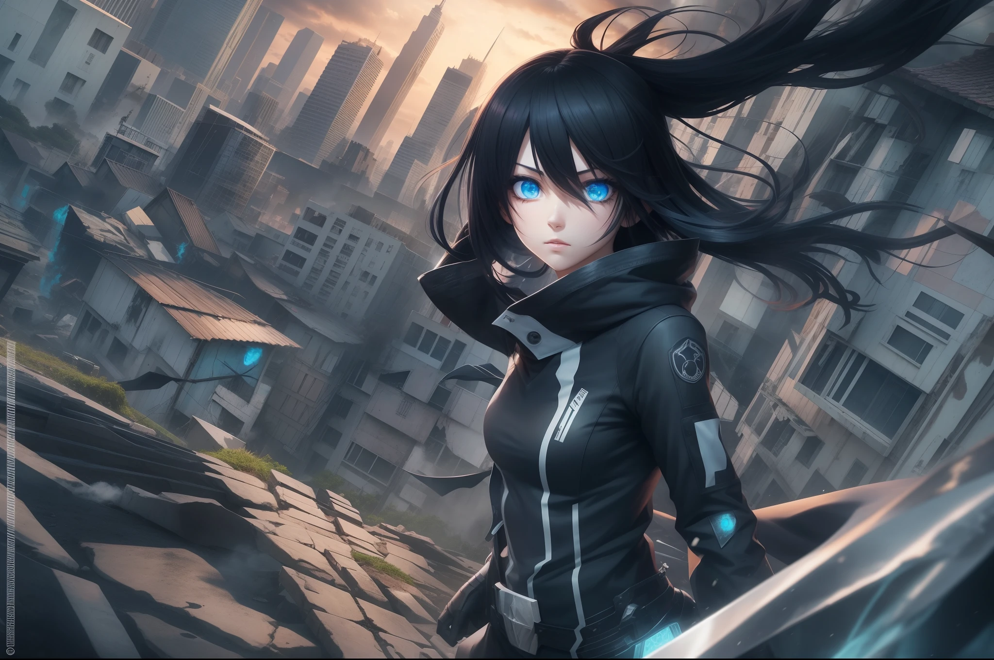 estilo anime, pose de batalha, Cyber warfare, liberdade, digital illustration, (estilo anime), anatomia perfeita, black rock shooter, altamente detalhado, Art Station, arte conceitual, Smooth, sharp focus, olhos bem formados, rosto bonito, quadris bem definidos, shy and seductive, olho esquerdo com chama azul, Chaotic scenario, buildings in the background destroyed, jaqueta de couro preta, detalhes de caveira fogo azul , beautiful scenery, hiper detalhado