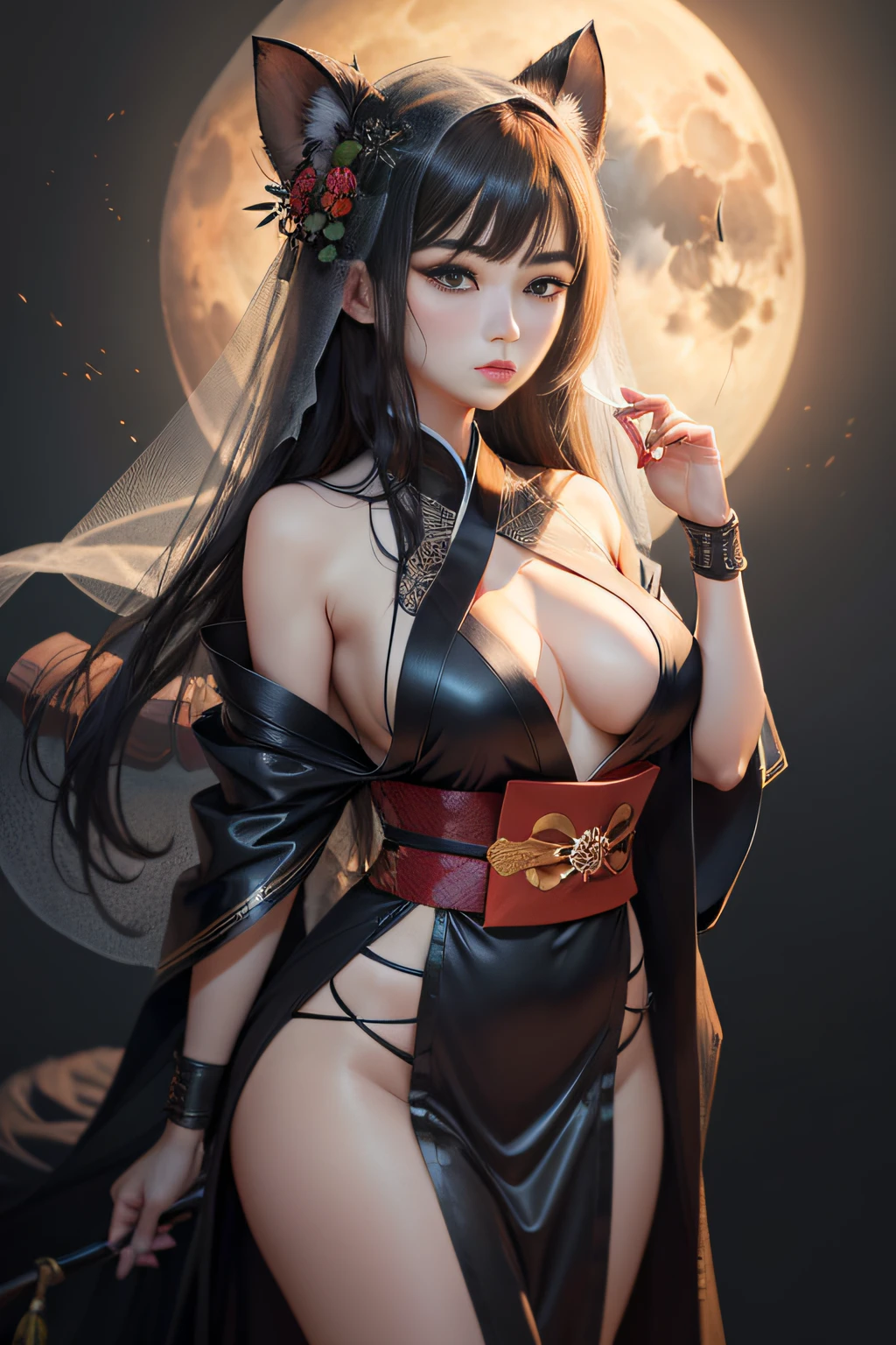 best qualtiy,tmasterpiece,超高分辨率,(realisticlying:1.4)1girll,(nakeness:1.2),long whitr hair,brunette color hair,halter,(Orange mist background with glowing moon:1.1),独奏,Arm shields,Black background,looking at viewert,黑The eye,eyes liner,cloths,Floating hair,full bodyesbian,(Light kimono),(transparent veil:1.3),(Mist,Mist)mediuml breasts,