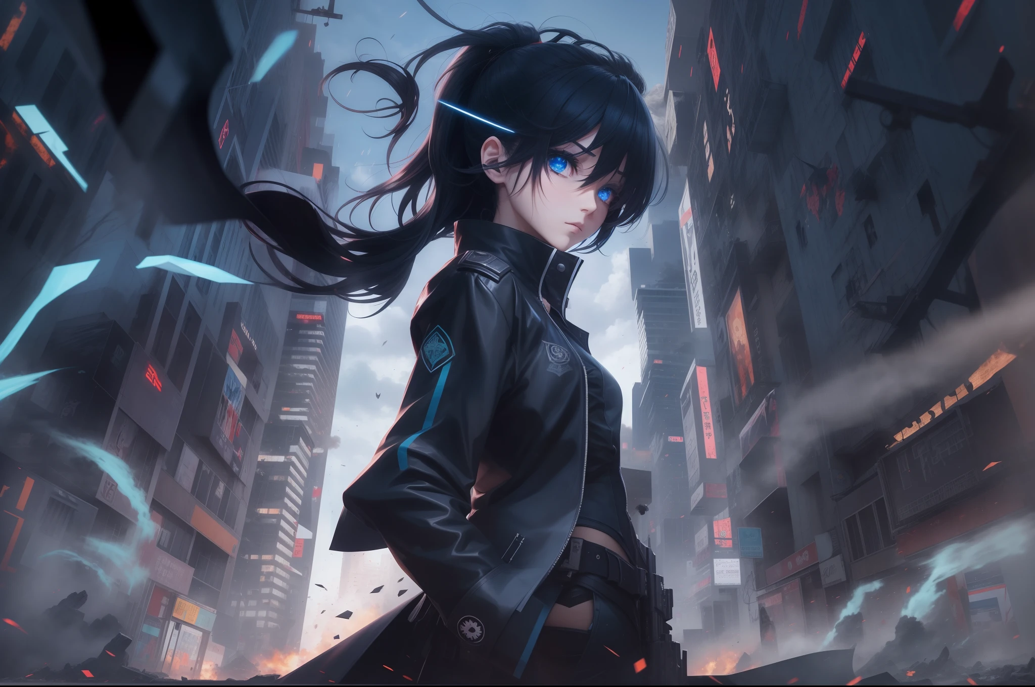 estilo anime, pose de batalha, Cyber warfare, liberdade, digital illustration, (estilo anime), anatomia perfeita, black rock shooter, altamente detalhado, Art Station, arte conceitual, Smooth, sharp focus, olhos bem formados, rosto bonito, quadris bem definidos, shy and seductive, olho esquerdo com chama azul, Chaotic scenario, buildings in the background destroyed, jaqueta de couro preta, detalhes de caveira fogo azul , beautiful scenery, hiper detalhado