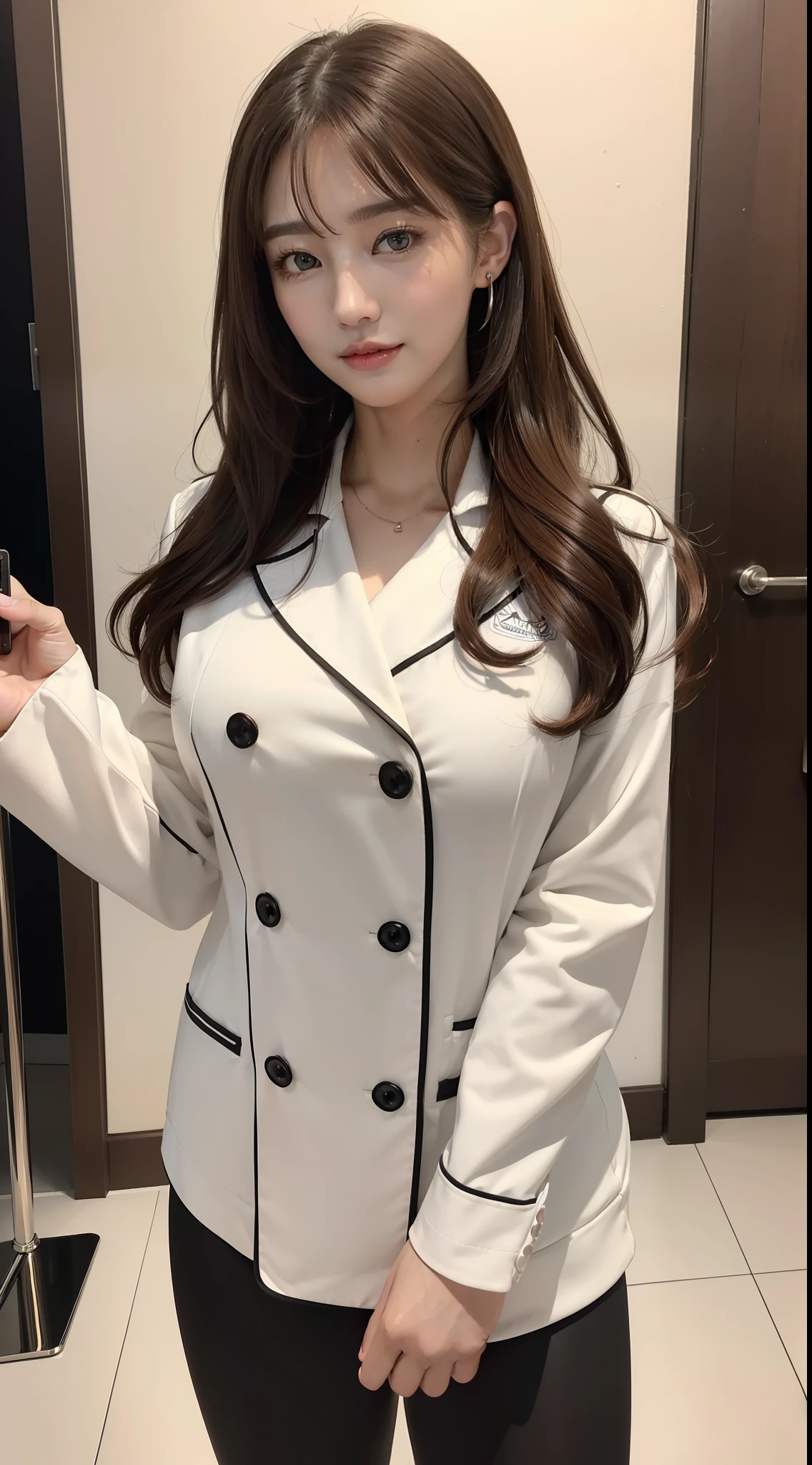 (1 cute Korean star with royal sister style), ((Best quality, 8K, 巨作: 1.3)), focal point: 1.2, Perfect body proportions: 1.4, (Make a smile),  （Ray traching）,Watery eyes, Highly Detailed Face and Skin Textur, Fine eyes, Double eyelids, Whitens the skin, (long whitr hair, Air bangs: 1.3), (face round: 1.5), (College uniforms: 1.4), (JK style:1.4),(on the rooftop,The wind blows),(white stockings)