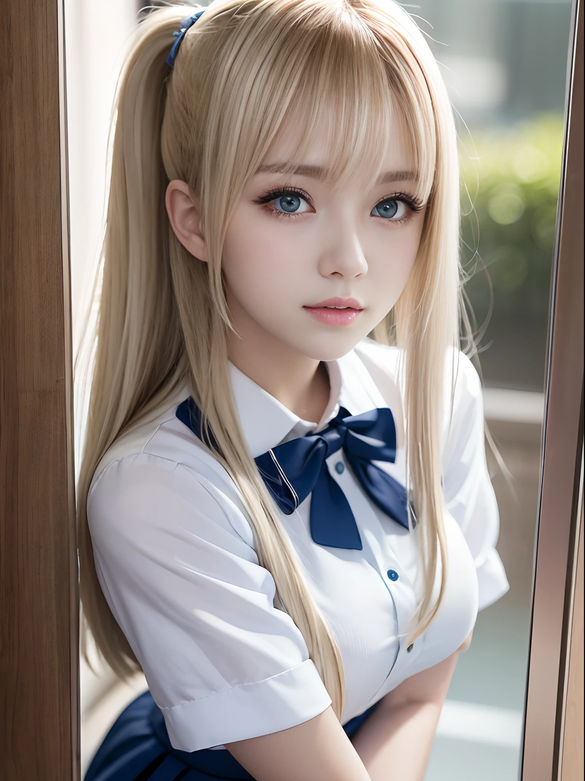 portlate、School Uniforms、bright expression、poneyTail、Young shiny shiny white shiny skin、Best Looks、Blonde reflected light、Platinum blonde hair with dazzling highlights、shiny light hair,、Super long silky straight hair、Beautiful bangs that shine、Glowing crystal clear attractive big blue eyes、Very beautiful nice cute 16 year old girl、Lush bust