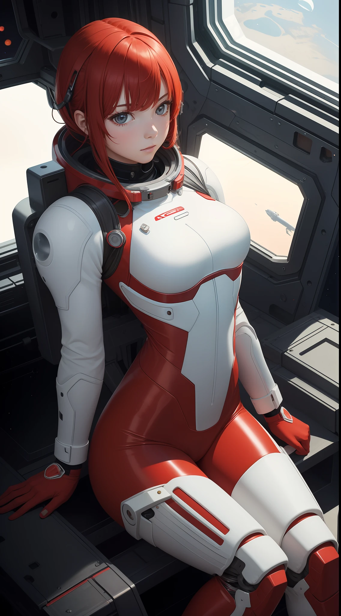 Masterpiece, top quality, 1girl, translucent skin, red, tights, mechanical, cowboy shooter, space, sitting, seen from above, big tits, bones, (space suit: 1.5) white, mechanical exoskeleton,children,