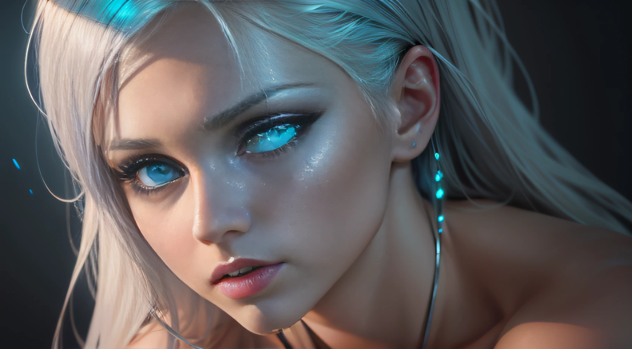 Glow, glowing blue eyes , seductive , platinum blonde , sexy , blue underwear (ultra photorealistic:1.3), (masterpiece:1.4), best quality, ((realistic)), high quality, ultra detailed, ((real image)), ((realistic skin)), ((realistic face)),(illustration:1.05), (beautiful:1.05), (beautiful detailed eyes:1.05), (cinematic light:1.1), turquoise blue detaches, full body , demonic ,evil
