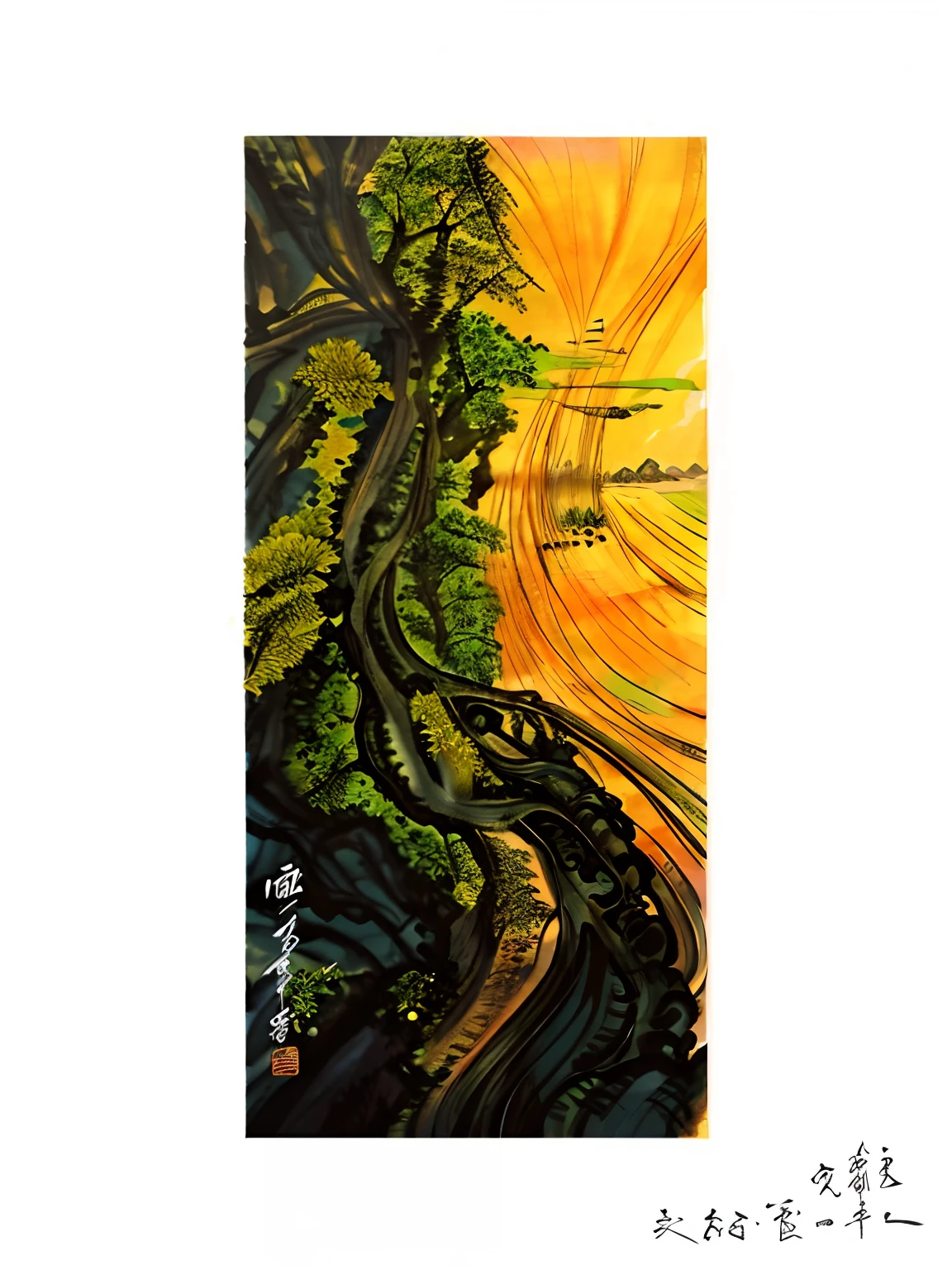 A close-up of a poster with a river and trees, author:Gu An, author:Xiao Yuncong, Ancient sword, an ultrafine detailed painting, inspired by Hu Zao, Inspired by Ma Yuan, Traditional Chinese Ink Painting, author:Chen Daofu, Ultra-fine detail spray painting, inspired by Li Keran