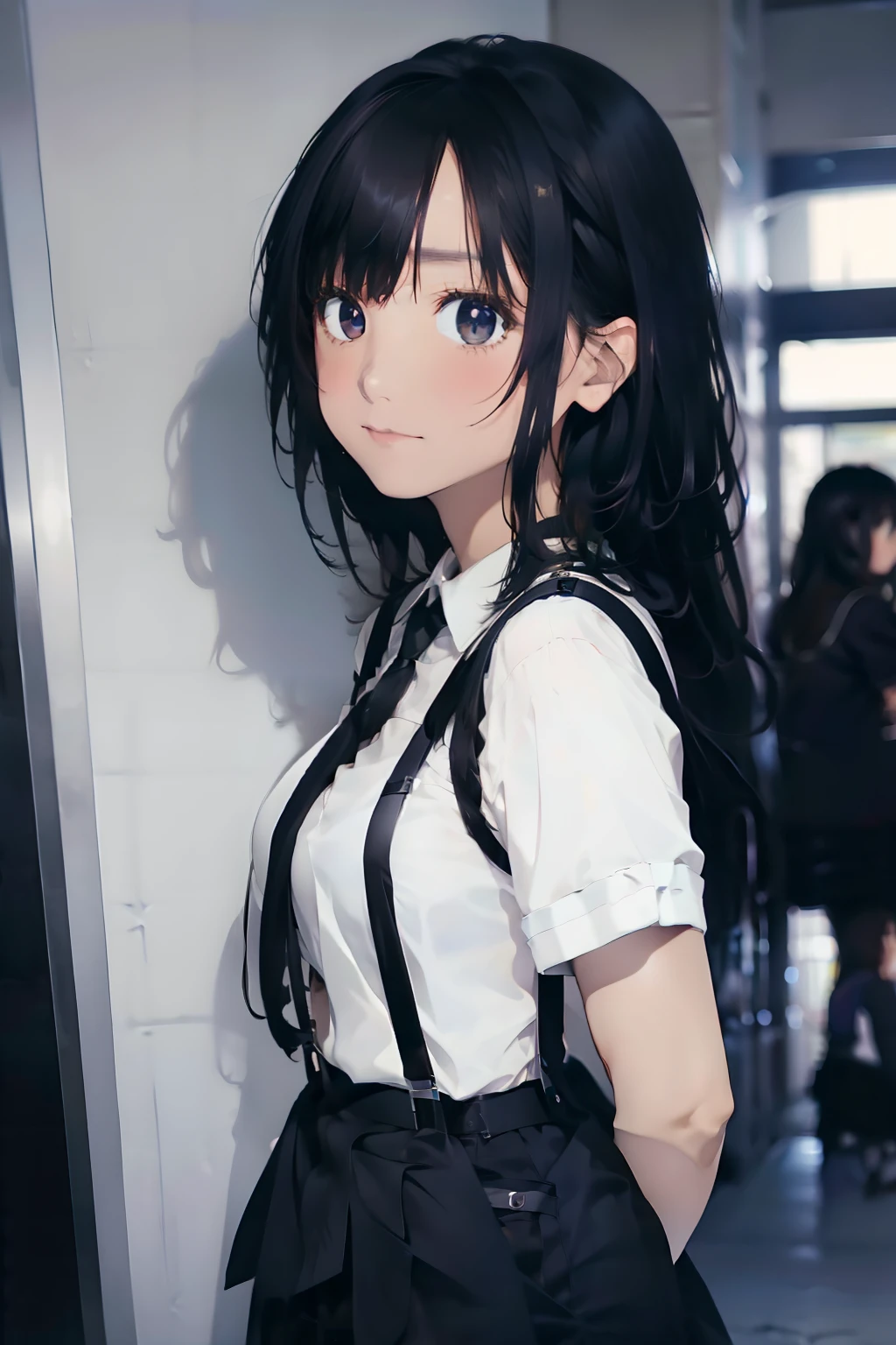 a black skirt, neck tie, Cutter shirt suspenders, Long Black Hair, Gray eyes, holster, Garter belt on the legs, , Big breasts, Pichi Pichi clothes, both sides deadpan Behind