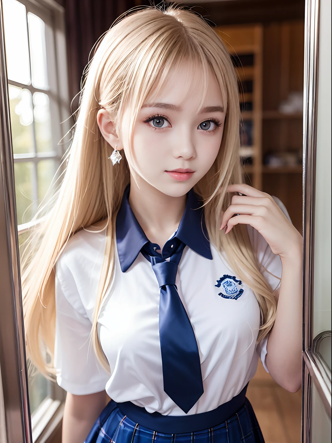 portlate、School Uniforms、bright expression、poneyTail、Young shiny shiny white shiny skin、Best Looks、Blonde reflected light、Platinum blonde hair with dazzling highlights、shiny light hair,、Super long silky straight hair、Beautiful bangs that shine、Glowing crystal clear attractive big blue eyes、Very beautiful nice cute 16 year old girl、Lush bust